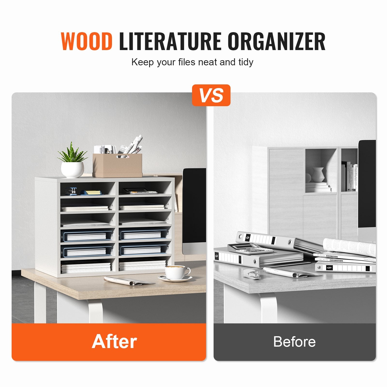 Bookcases & Shelves: VEVOR Wood Literature Organizer Adjustable File Sorter 12 Compartments White
