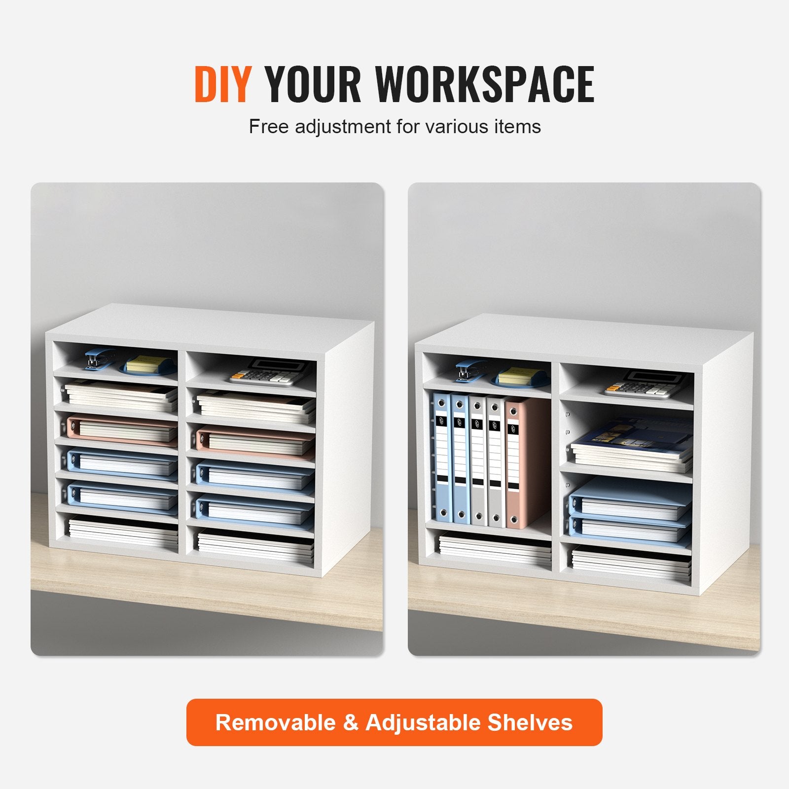 Bookcases & Shelves: VEVOR Wood Literature Organizer Adjustable File Sorter 12 Compartments White