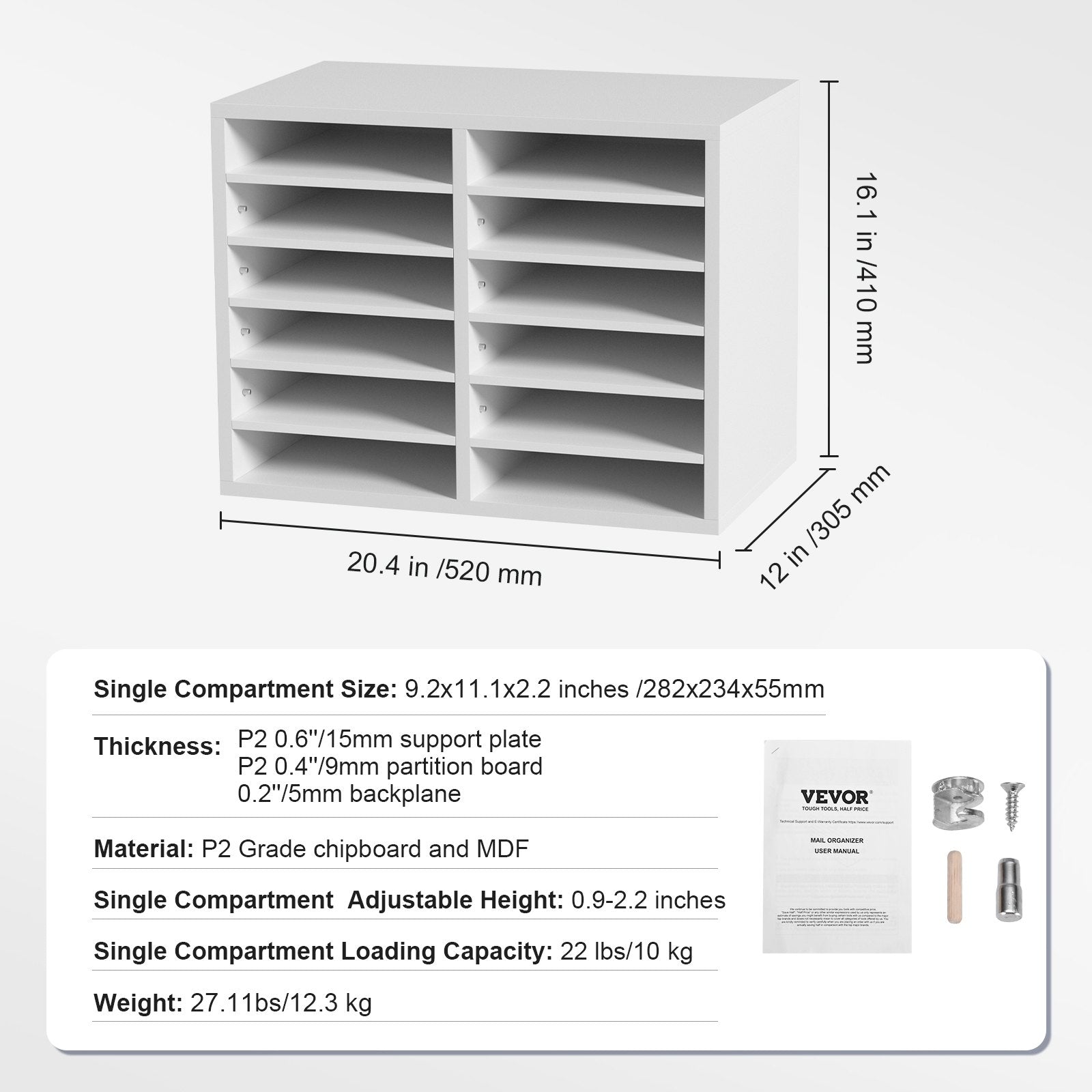 Bookcases & Shelves: VEVOR Wood Literature Organizer Adjustable File Sorter 12 Compartments White