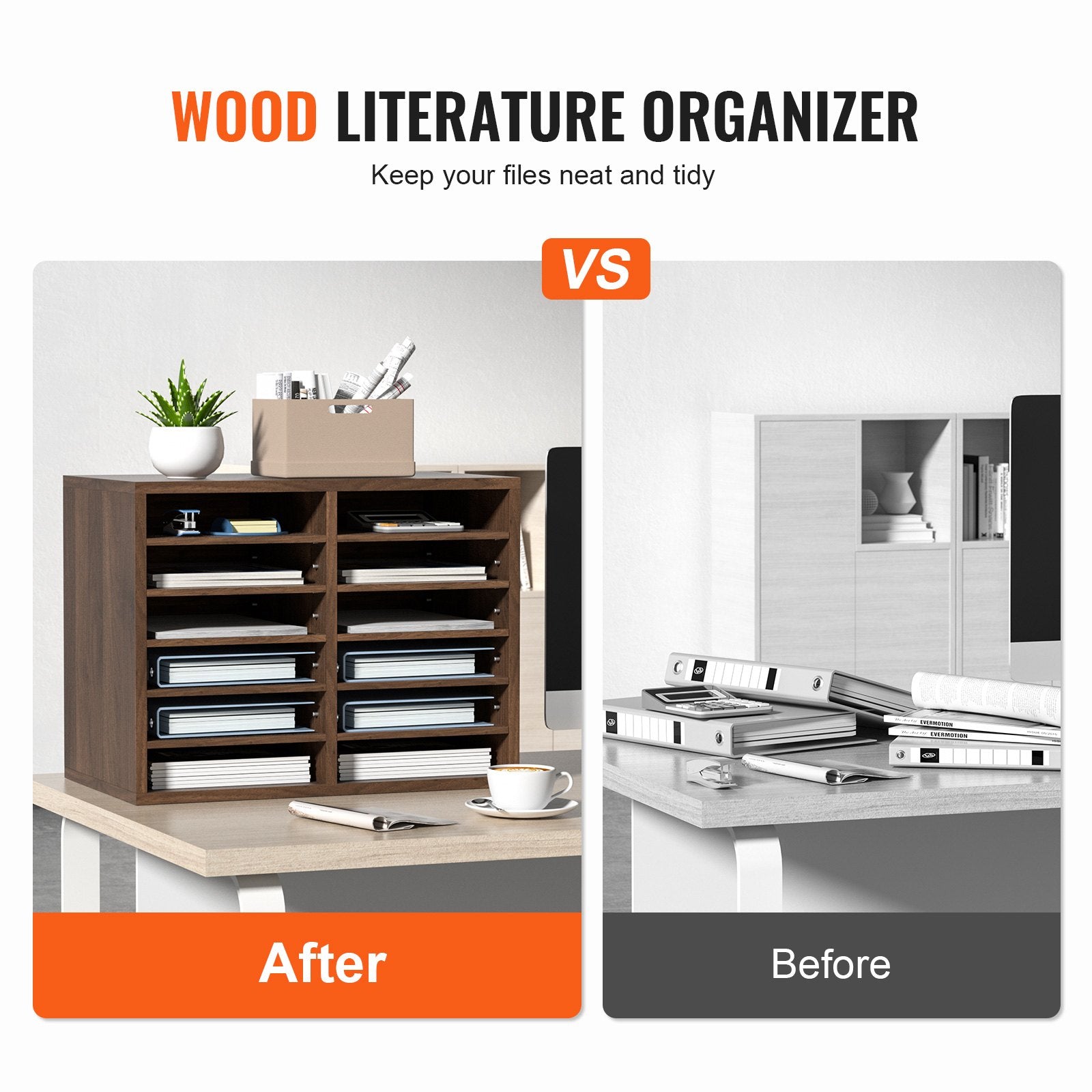 Bookcases & Shelves: VEVOR Wood Literature Organizer Adjustable File Sorter 12 Compartments Brown