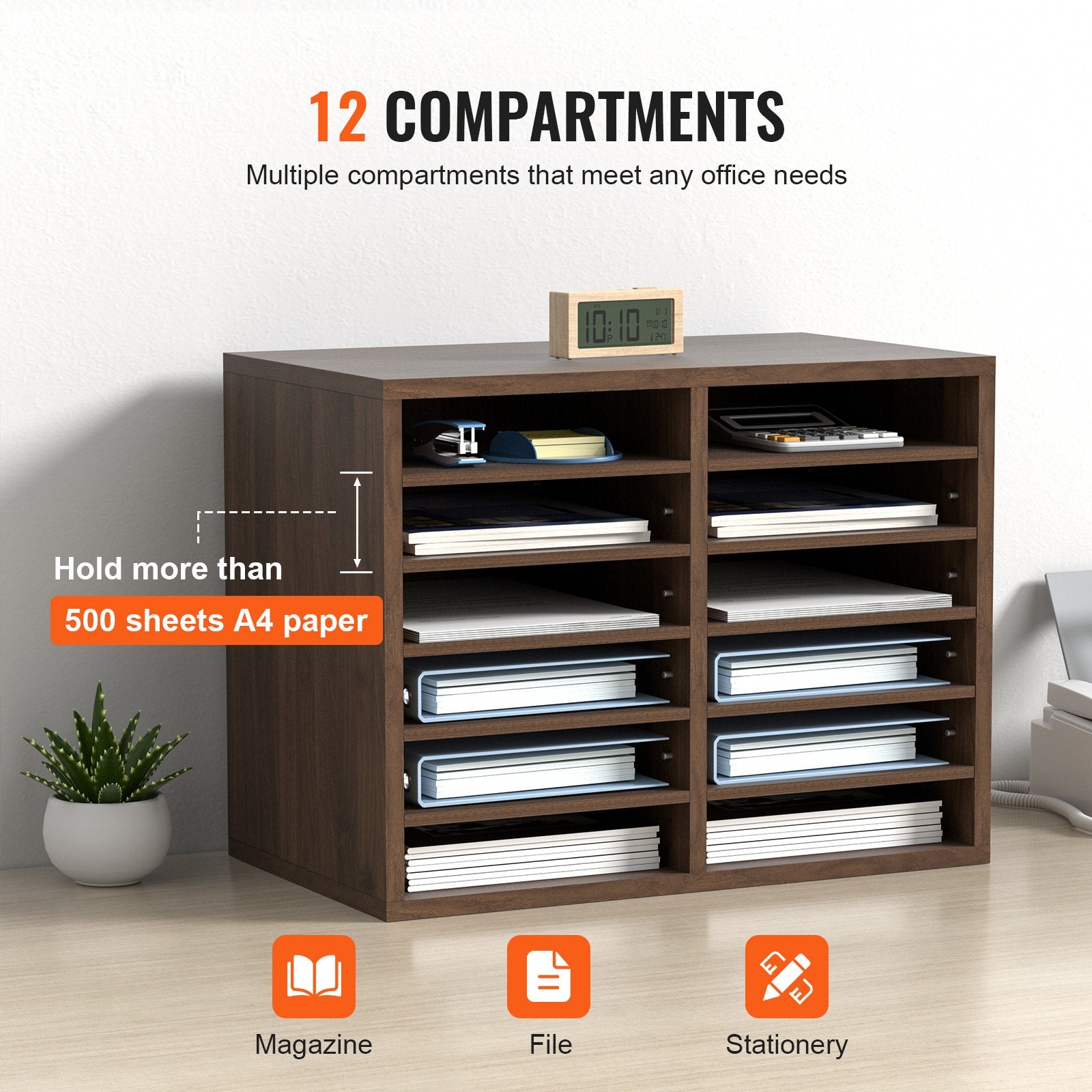 Bookcases & Shelves: VEVOR Wood Literature Organizer Adjustable File Sorter 12 Compartments Brown