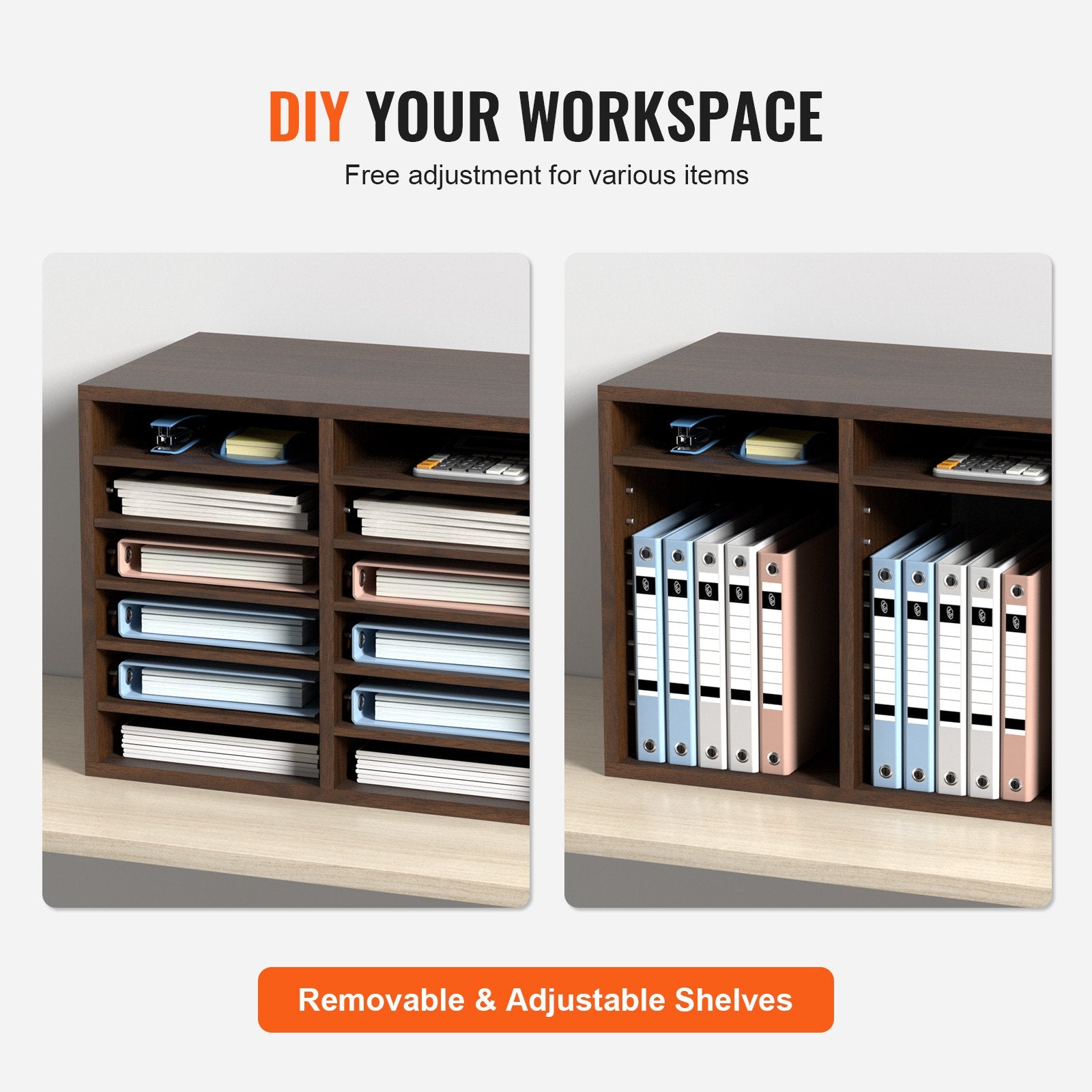 Bookcases & Shelves: VEVOR Wood Literature Organizer Adjustable File Sorter 12 Compartments Brown
