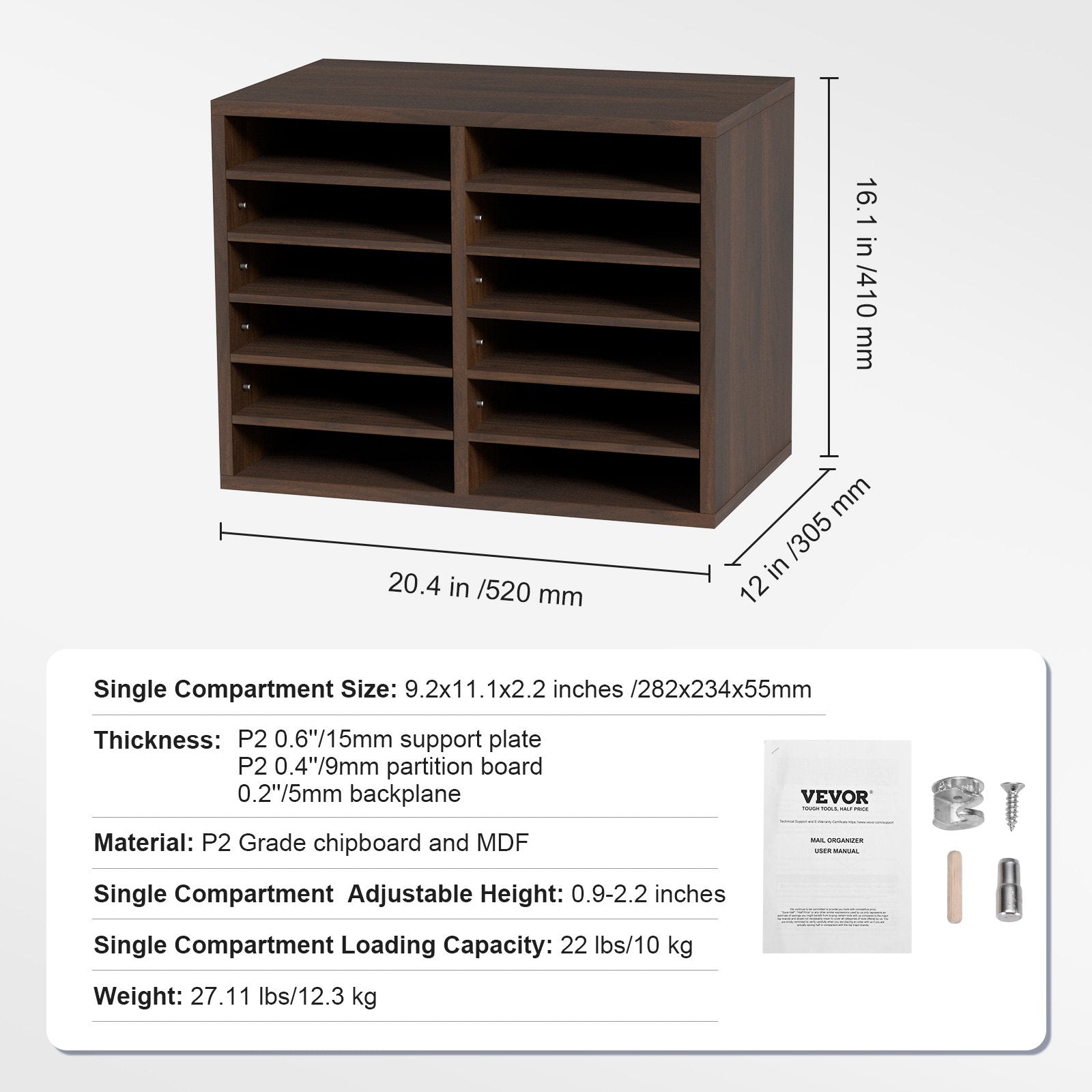 Bookcases & Shelves: VEVOR Wood Literature Organizer Adjustable File Sorter 12 Compartments Brown