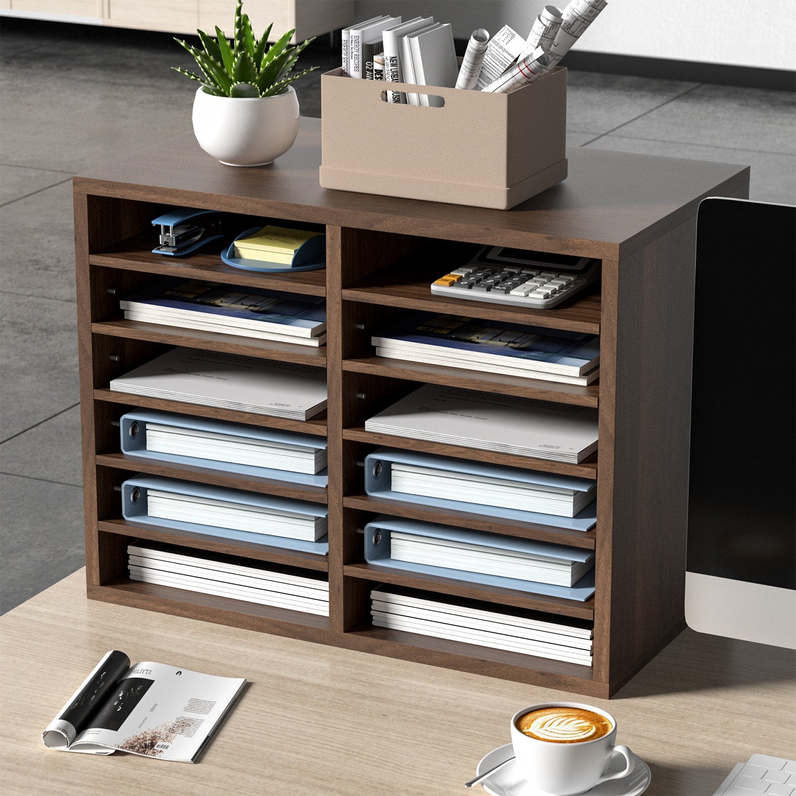 Bookcases & Shelves: VEVOR Wood Literature Organizer Adjustable File Sorter 12 Compartments Brown