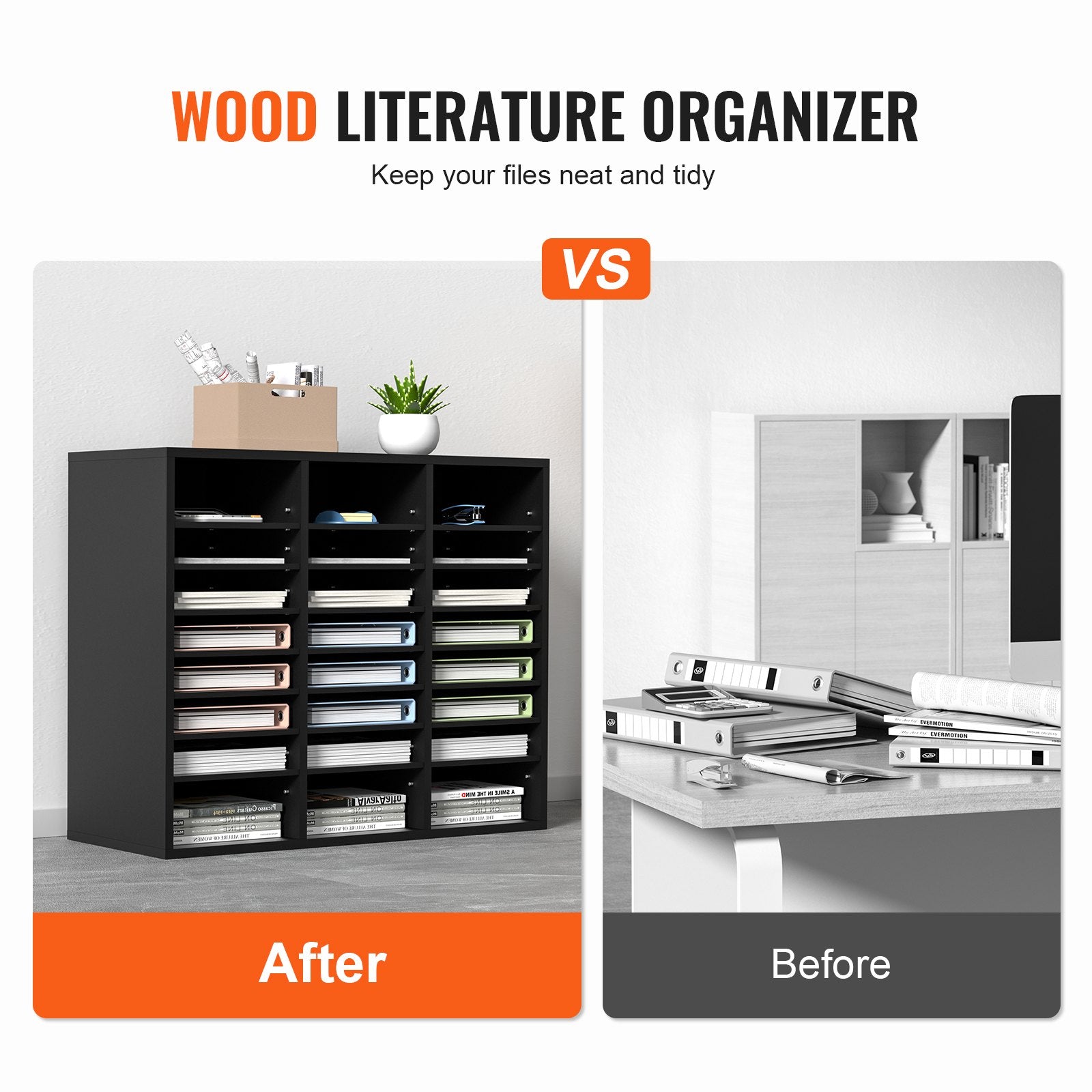 Bookcases & Shelves: VEVOR Wood Literature Organizer Adjustable File Sorter 24 Compartments Black
