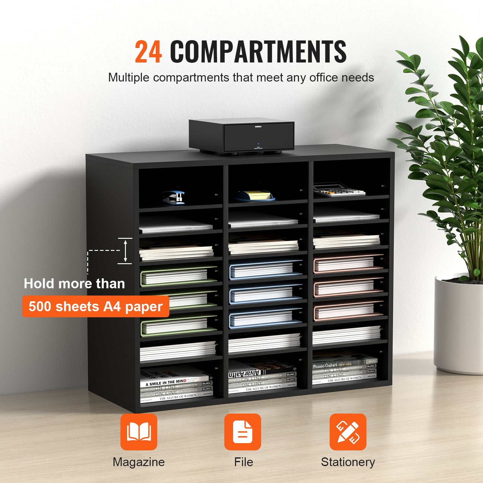 Bookcases & Shelves: VEVOR Wood Literature Organizer Adjustable File Sorter 24 Compartments Black