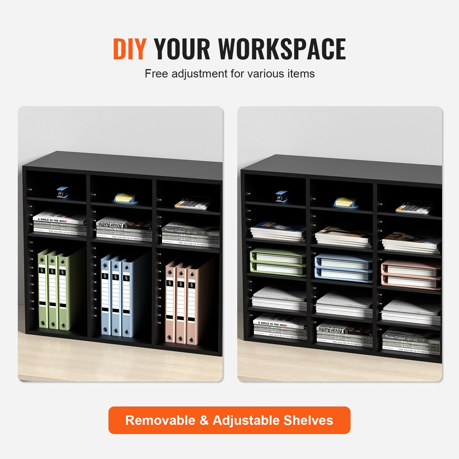 Bookcases & Shelves: VEVOR Wood Literature Organizer Adjustable File Sorter 24 Compartments Black