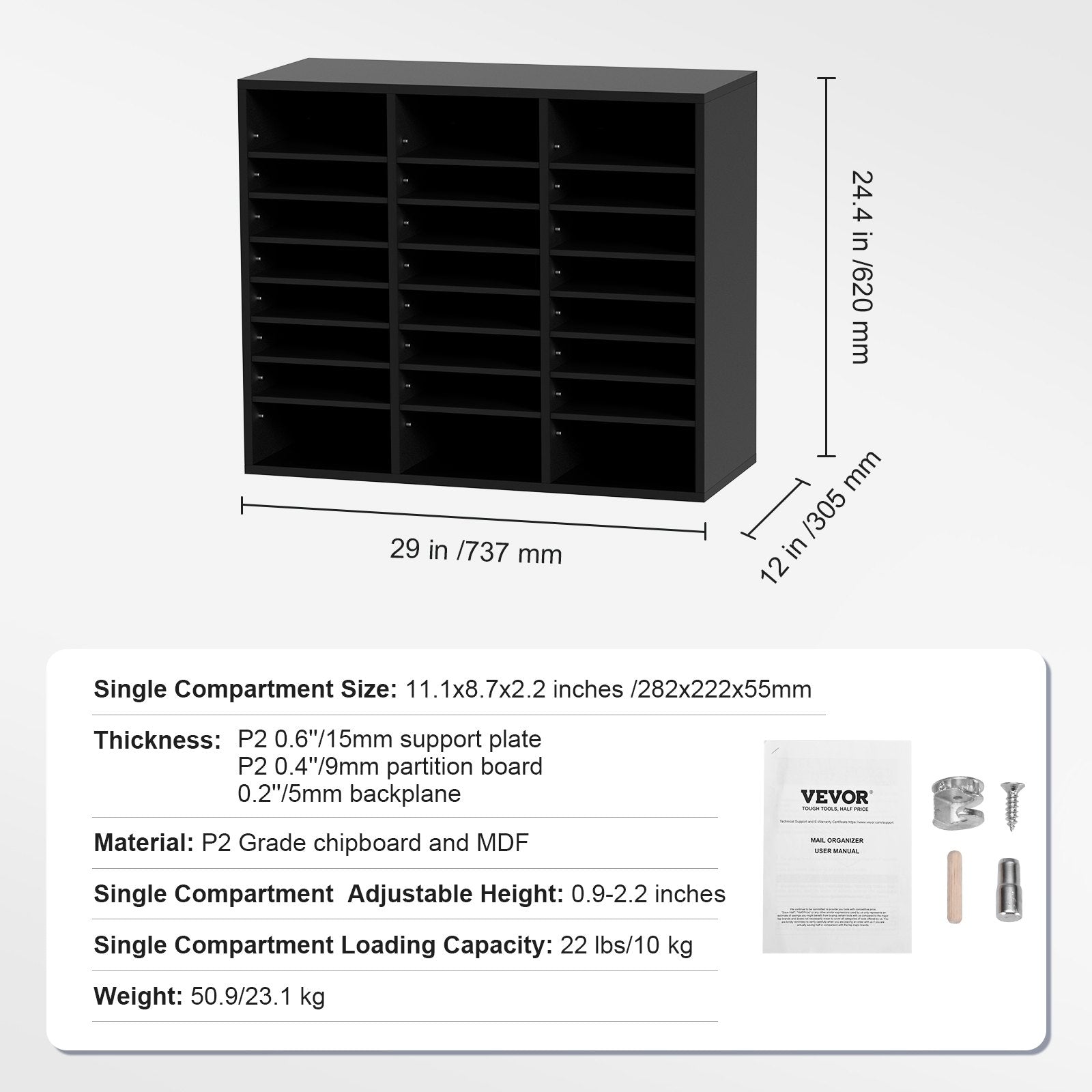 Bookcases & Shelves: VEVOR Wood Literature Organizer Adjustable File Sorter 24 Compartments Black