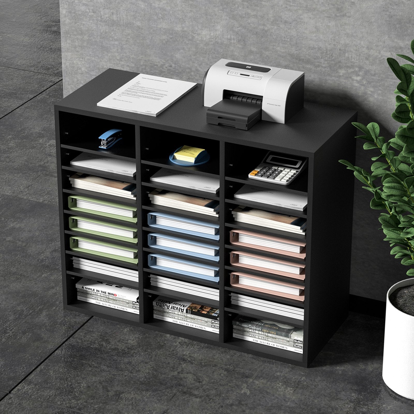 Bookcases & Shelves: VEVOR Wood Literature Organizer Adjustable File Sorter 24 Compartments Black