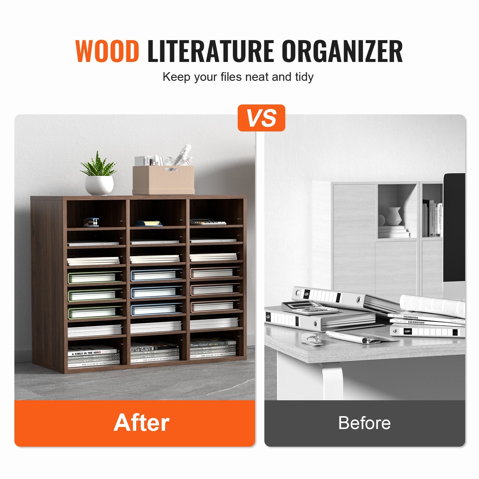 Bookcases & Shelves: VEVOR Wood Literature Organizer Adjustable File Sorter 24 Compartments Brown