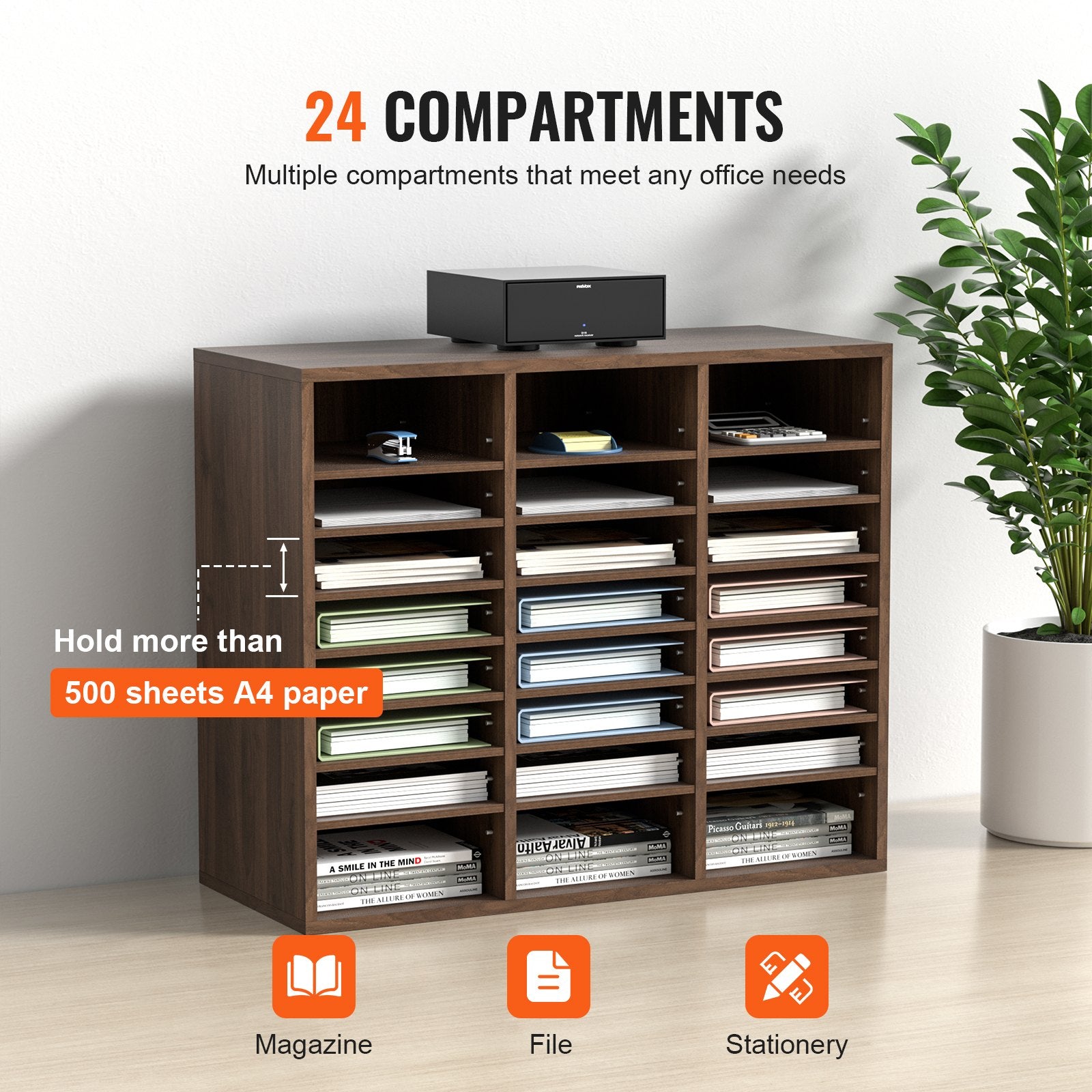 Bookcases & Shelves: VEVOR Wood Literature Organizer Adjustable File Sorter 24 Compartments Brown
