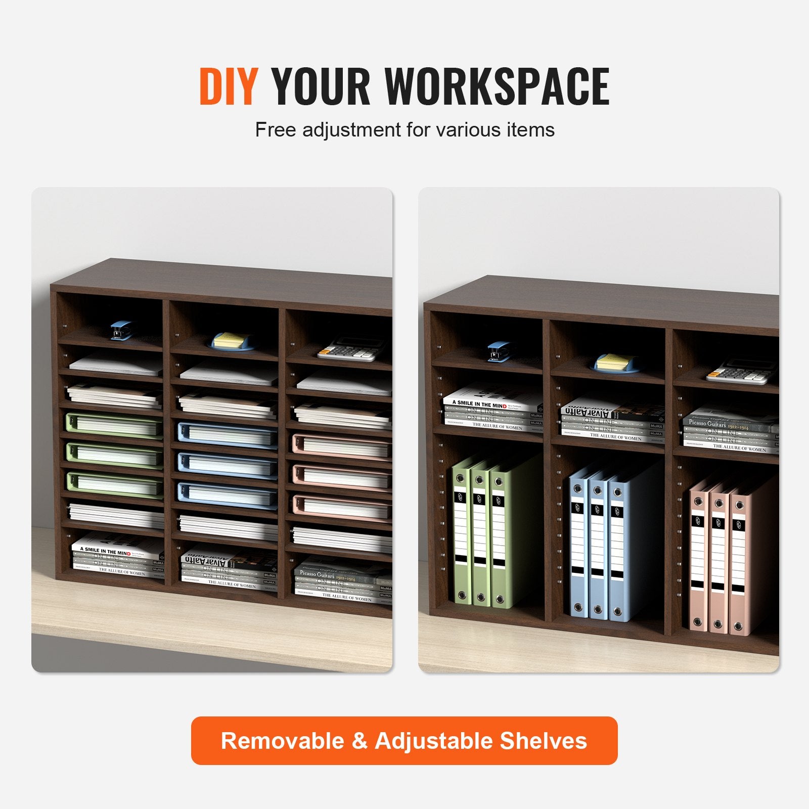 Bookcases & Shelves: VEVOR Wood Literature Organizer Adjustable File Sorter 24 Compartments Brown