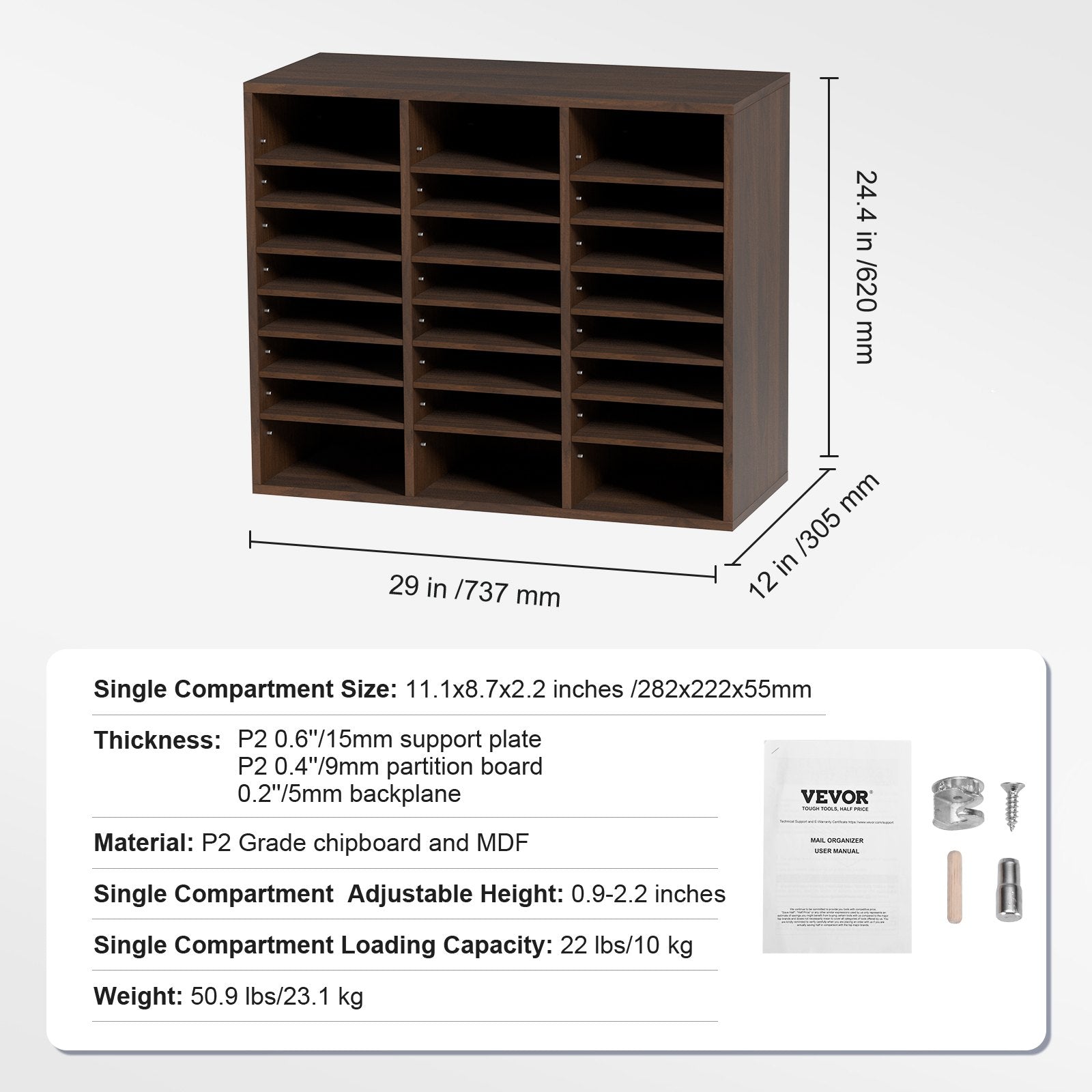 Bookcases & Shelves: VEVOR Wood Literature Organizer Adjustable File Sorter 24 Compartments Brown