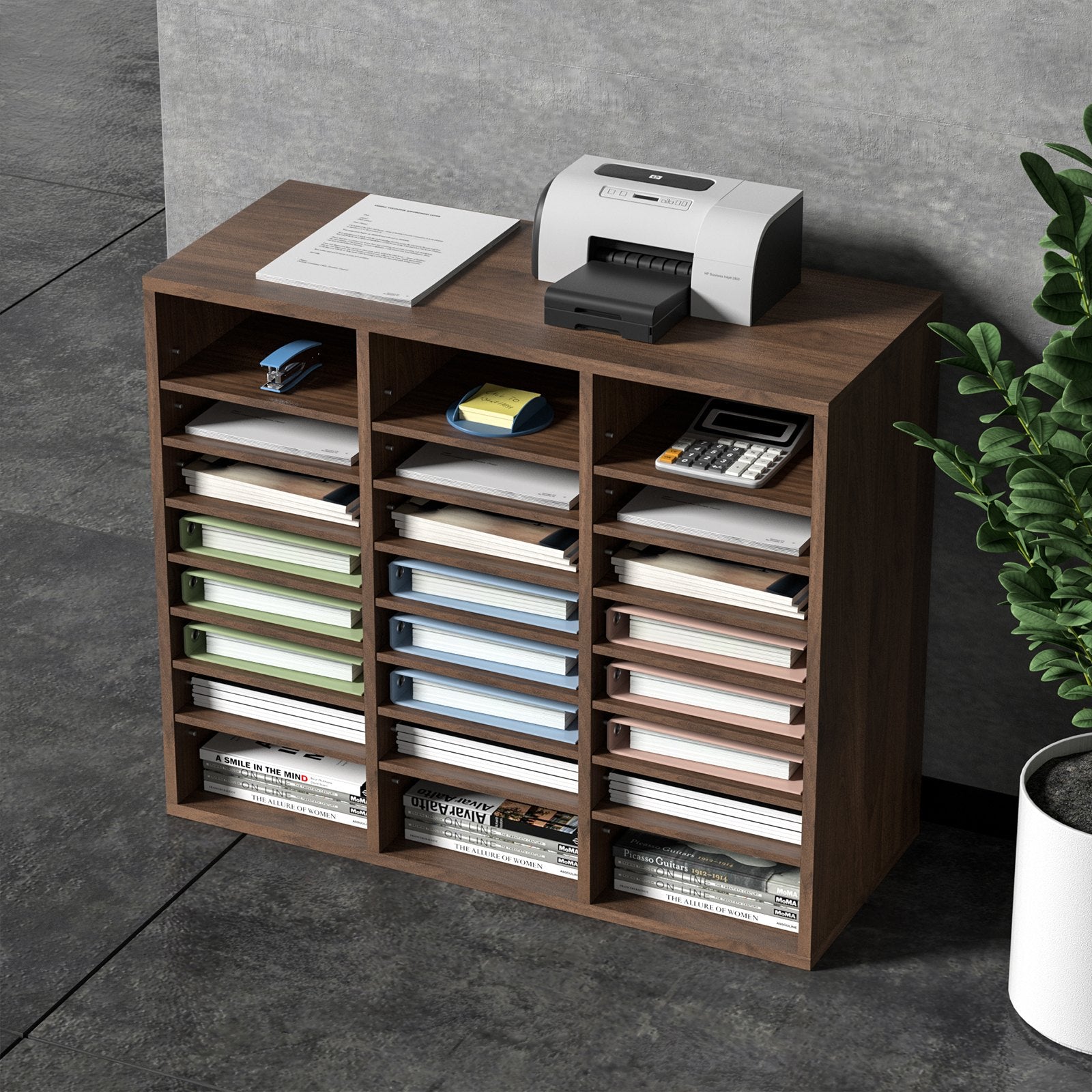 Bookcases & Shelves: VEVOR Wood Literature Organizer Adjustable File Sorter 24 Compartments Brown