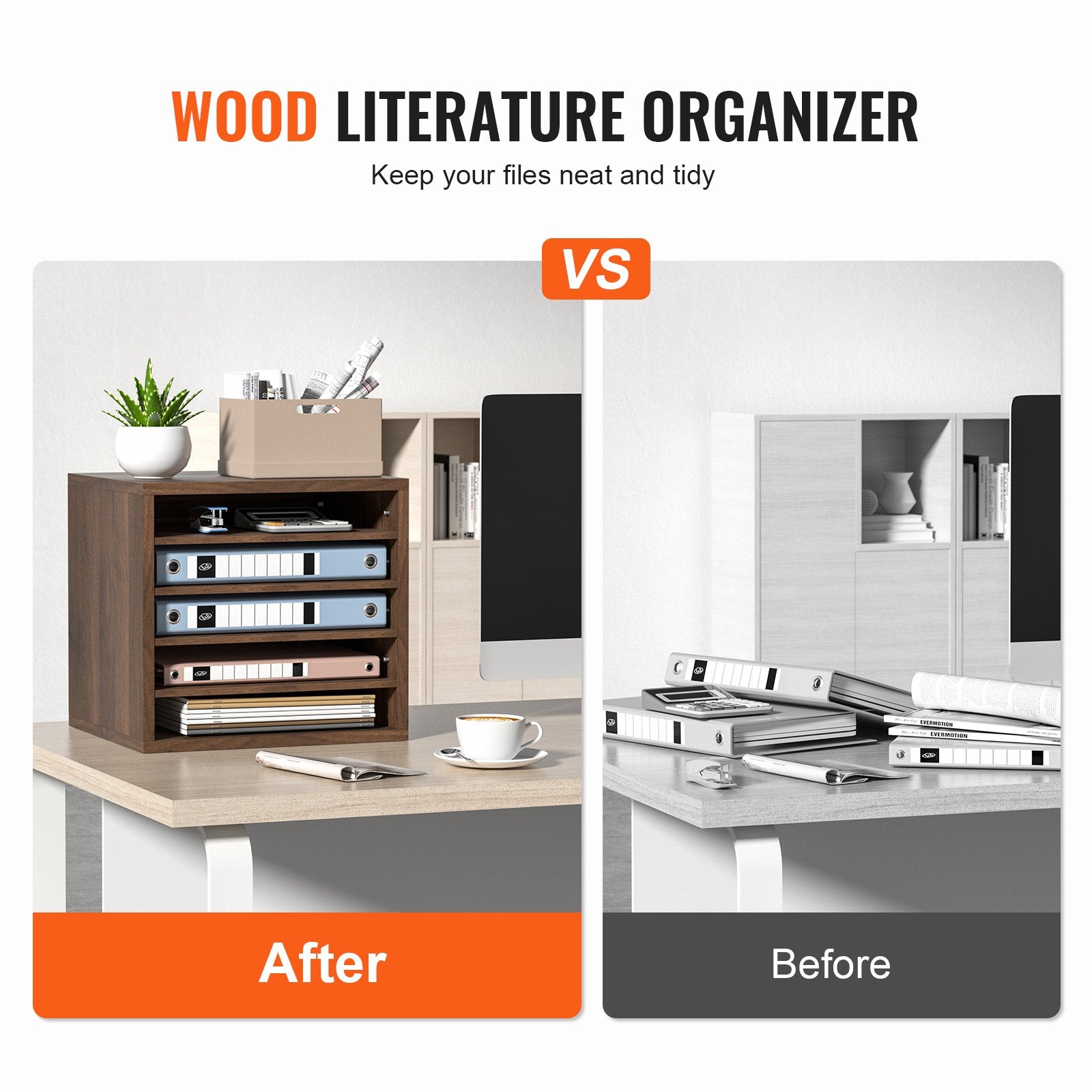 Bookcases & Shelves: VEVOR Wood Literature Organizer Adjustable File Sorter 5 Compartments Brown
