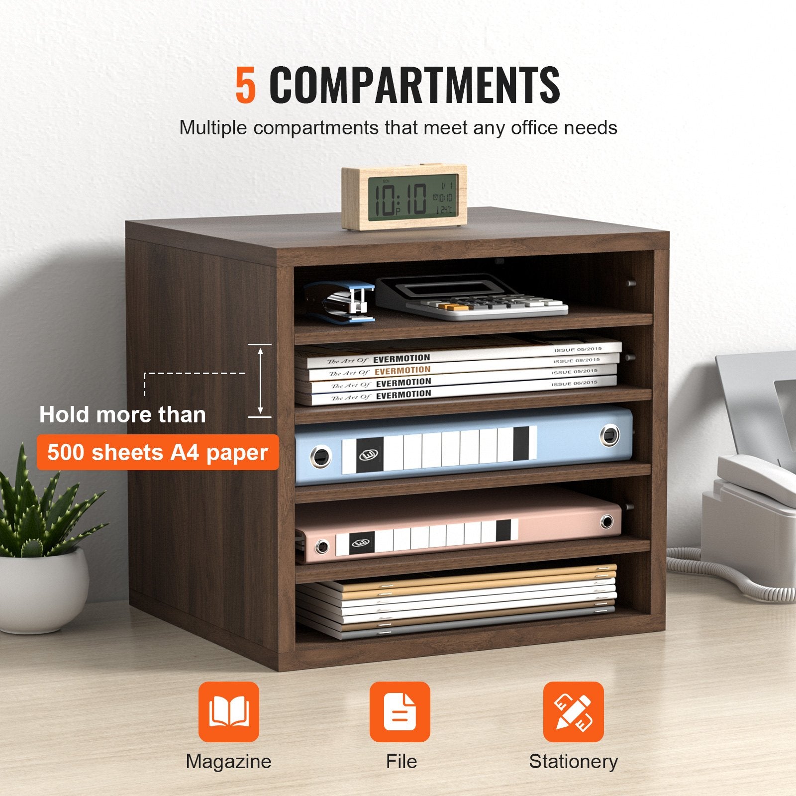 Bookcases & Shelves: VEVOR Wood Literature Organizer Adjustable File Sorter 5 Compartments Brown