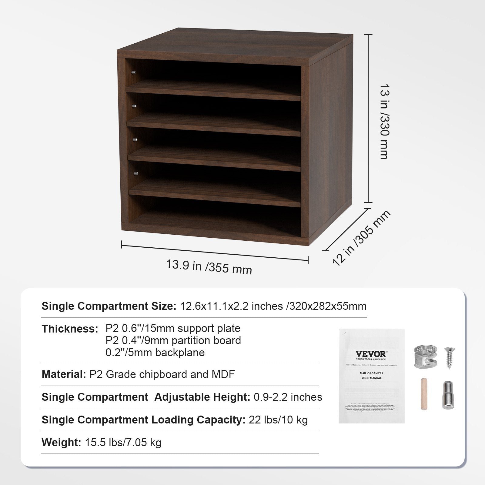 Bookcases & Shelves: VEVOR Wood Literature Organizer Adjustable File Sorter 5 Compartments Brown