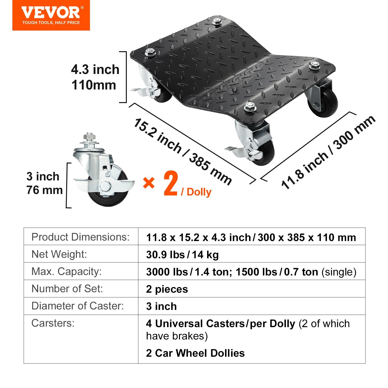 Automotive Repair & Speciality Tools: VEVOR Car Dolly Wheel Tire Dolly 2 PCS Heavy Duty Skate Auto Repair Dolly 3000LB