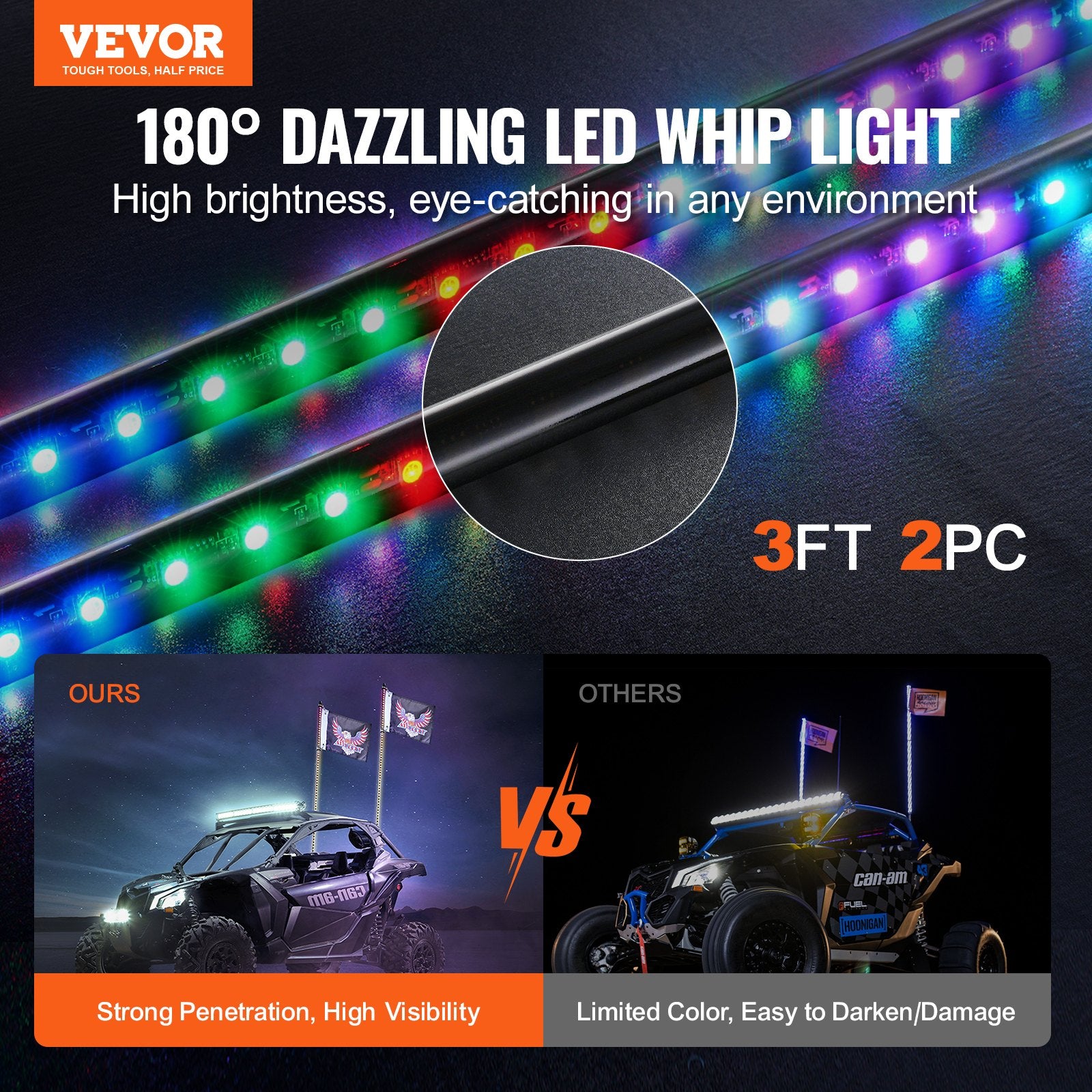 Hoverboards: VEVOR 2 PCS 3 FT Whip Light, APP & RF Remote Control Led Whip Light, Waterproof RGB Chasing Lighted Whips with 4 Flags, for UTVs, ATVs, Motorcycles, RZR, Can-am, Trucks, Off-road, Go-karts