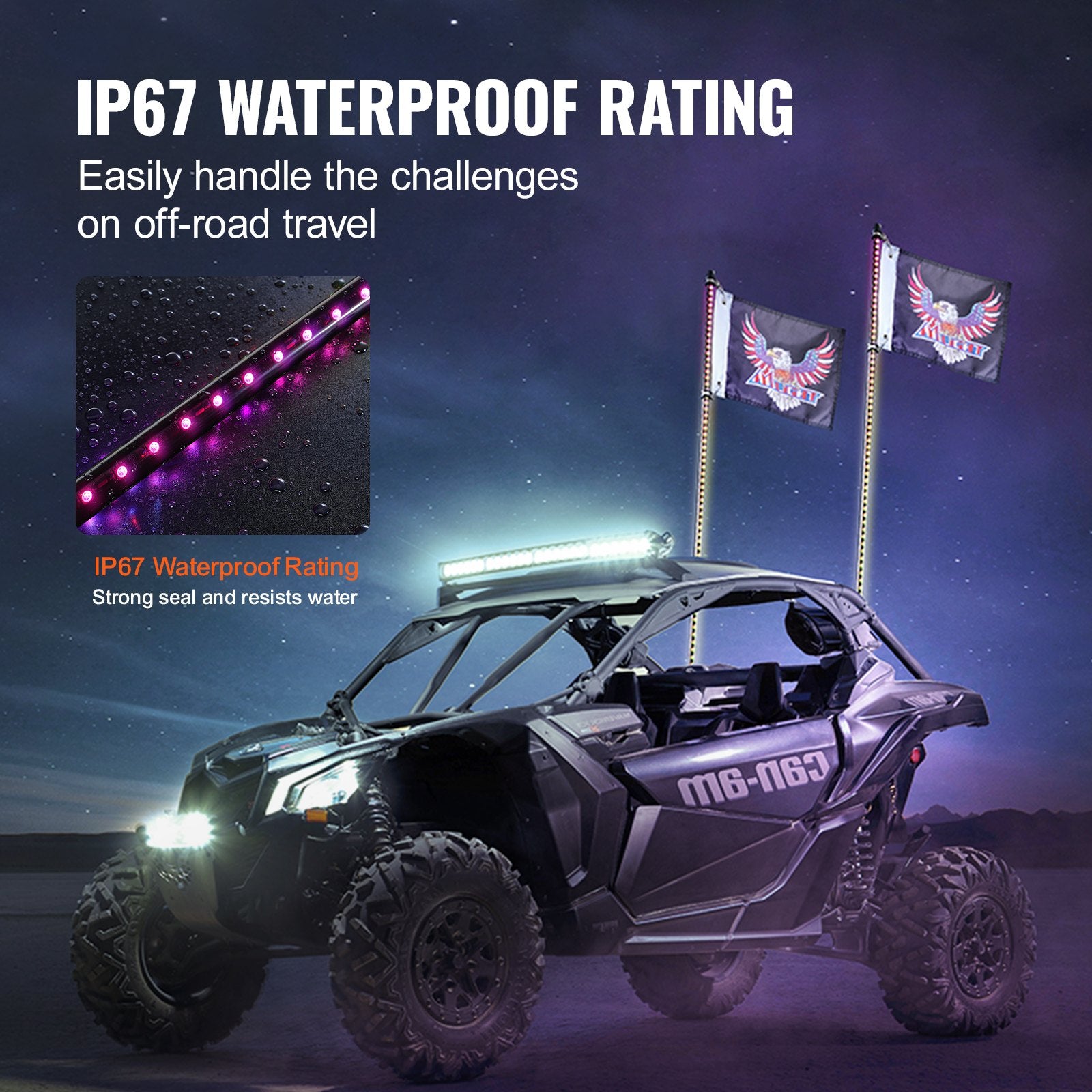 Hoverboards: VEVOR 2 PCS 3 FT Whip Light, APP & RF Remote Control Led Whip Light, Waterproof RGB Chasing Lighted Whips with 4 Flags, for UTVs, ATVs, Motorcycles, RZR, Can-am, Trucks, Off-road, Go-karts
