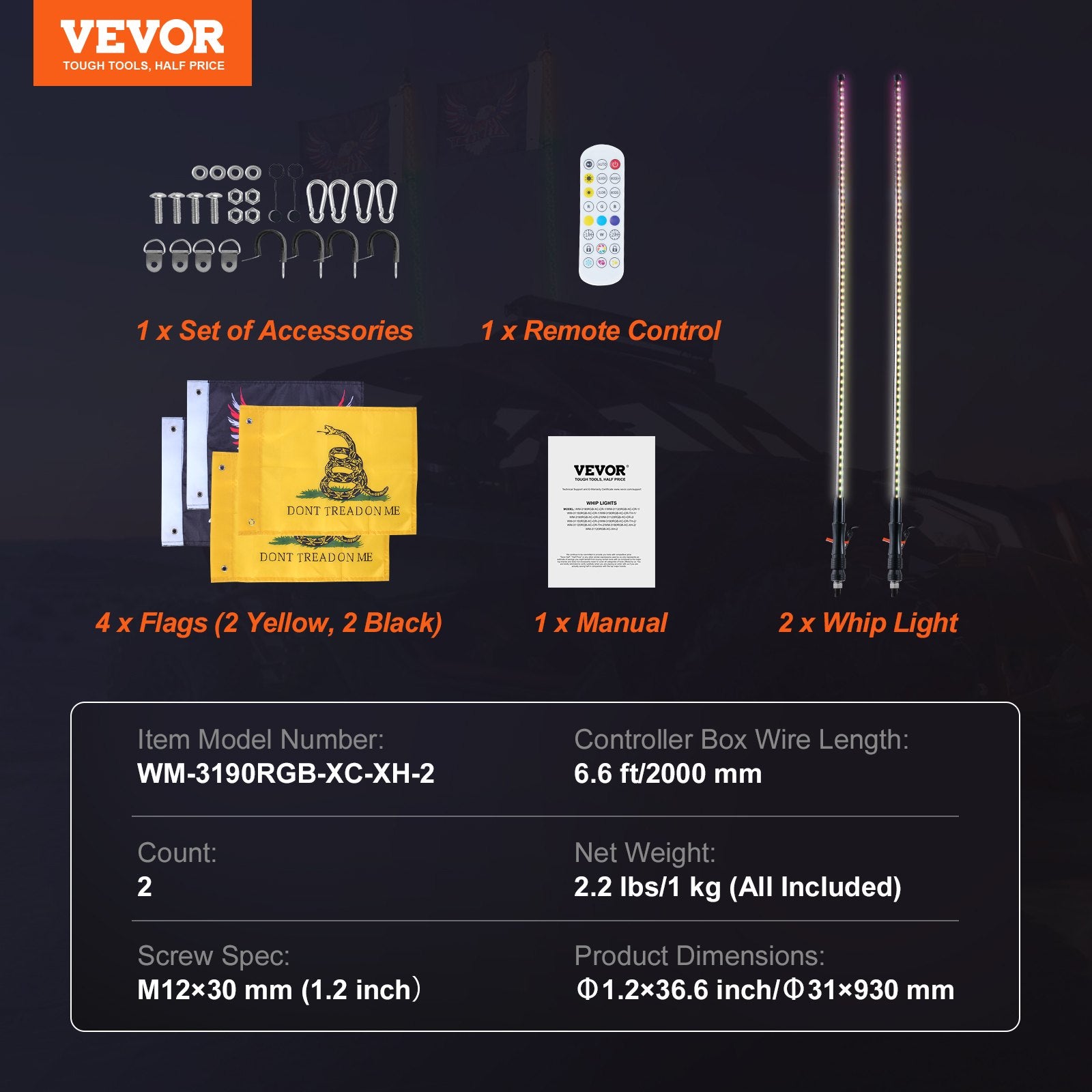 Hoverboards: VEVOR 2 PCS 3 FT Whip Light, APP & RF Remote Control Led Whip Light, Waterproof RGB Chasing Lighted Whips with 4 Flags, for UTVs, ATVs, Motorcycles, RZR, Can-am, Trucks, Off-road, Go-karts