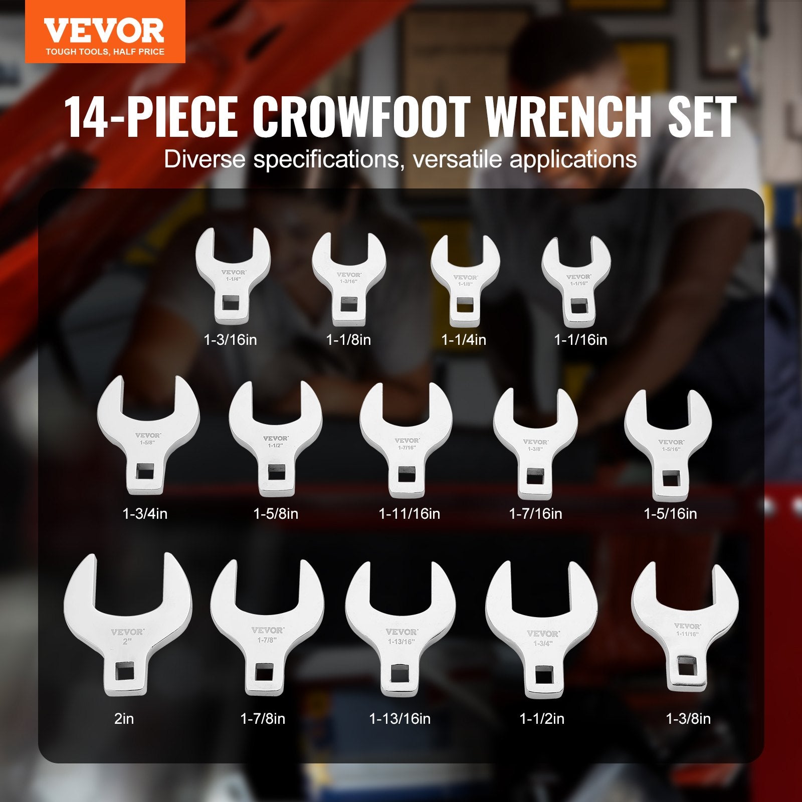 Crowfoot Wrench Set, 1/2" Drive 14-Piece SAE (1-1/16" - 2") Crows Foot Wrench Set with Storage Tray, 40CR Material with Laser Etched Sizing, for Mechanical Maintenance or Repairs
