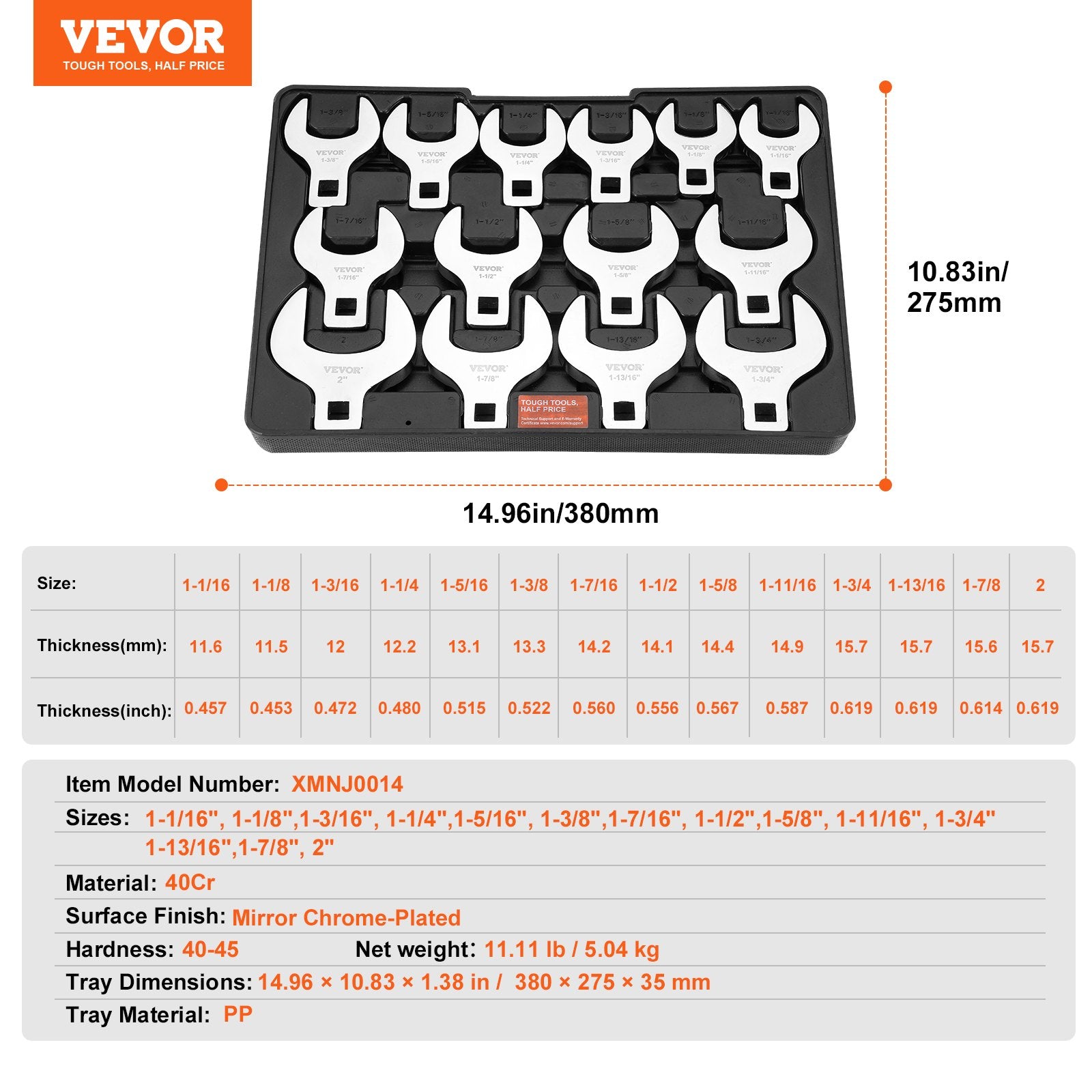 Crowfoot Wrench Set, 1/2" Drive 14-Piece SAE (1-1/16" - 2") Crows Foot Wrench Set with Storage Tray, 40CR Material with Laser Etched Sizing, for Mechanical Maintenance or Repairs