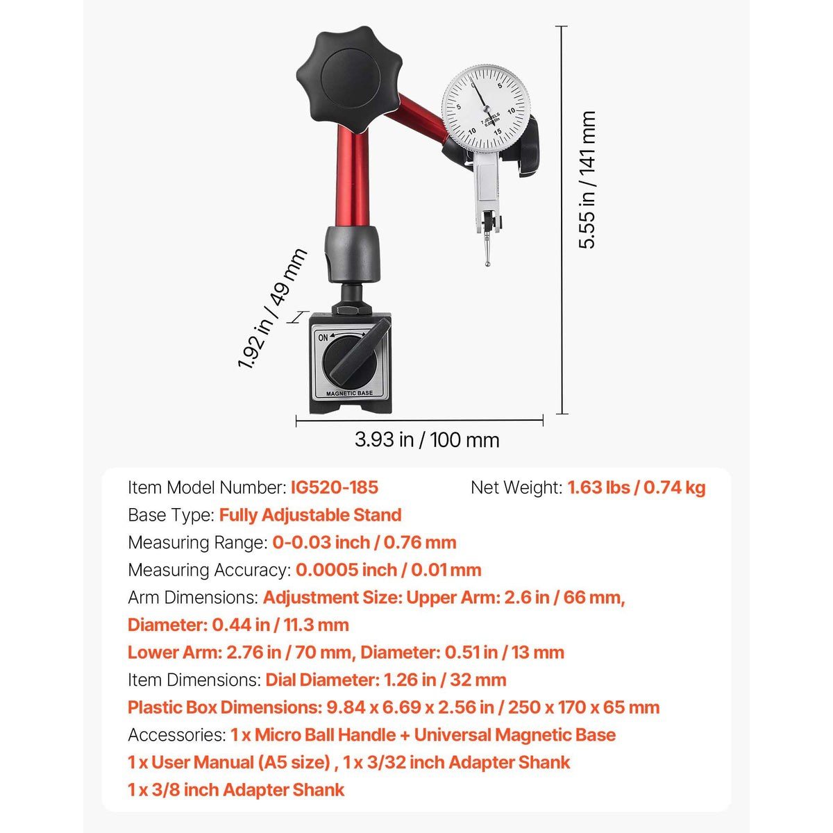 Dial Test Indicator with Universal Magnetic Base and Storage Case, 0.01 mm Accuracy, 0-0.76 mm Range, Micro Ball Handle for Narrow Area Measurement, Industrial Machining & Inspection