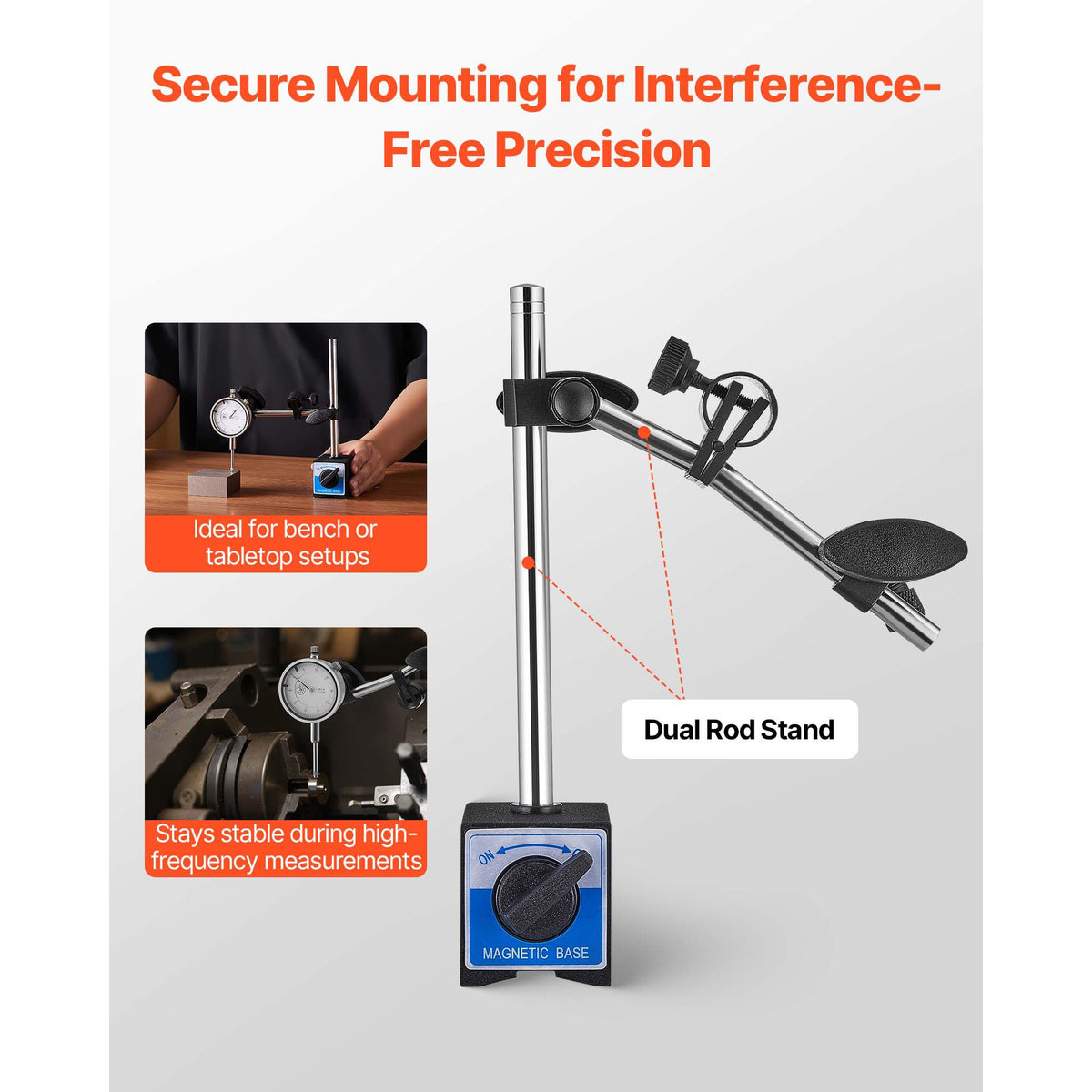 Dial Test Indicator with Dual Rod Stand and Storage Case, 0.03 mm Accuracy, 0-25.4mm Range, Fine Adjustable Long Arm, Non-Magnetic Centering Rods for Machine Set-Up, Narrow Area Measurement