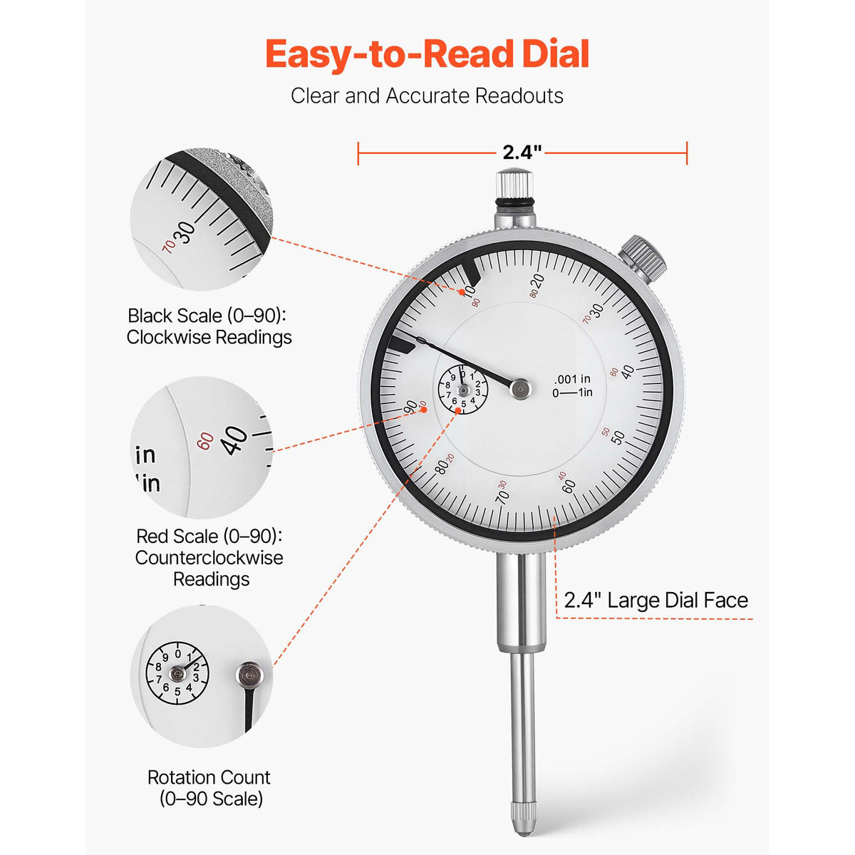 Dial Test Indicator with Dual Rod Stand and Storage Case, 0.03 mm Accuracy, 0-25.4mm Range, Fine Adjustable Long Arm, Non-Magnetic Centering Rods for Machine Set-Up, Narrow Area Measurement