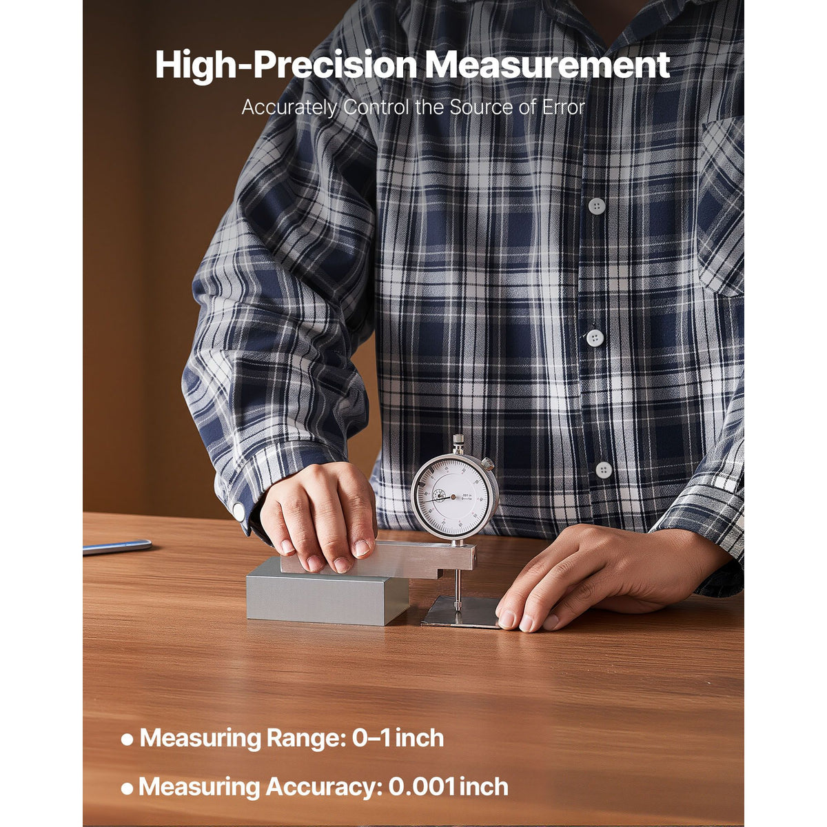 Dial Test Indicator with Metal Base, 0.03 mm Accuracy, 0-25.4mm Range, Easy to Read Large Dial, Professional for Narrow Area Measurement, Industrial Machining & Inspection, Precision Testing