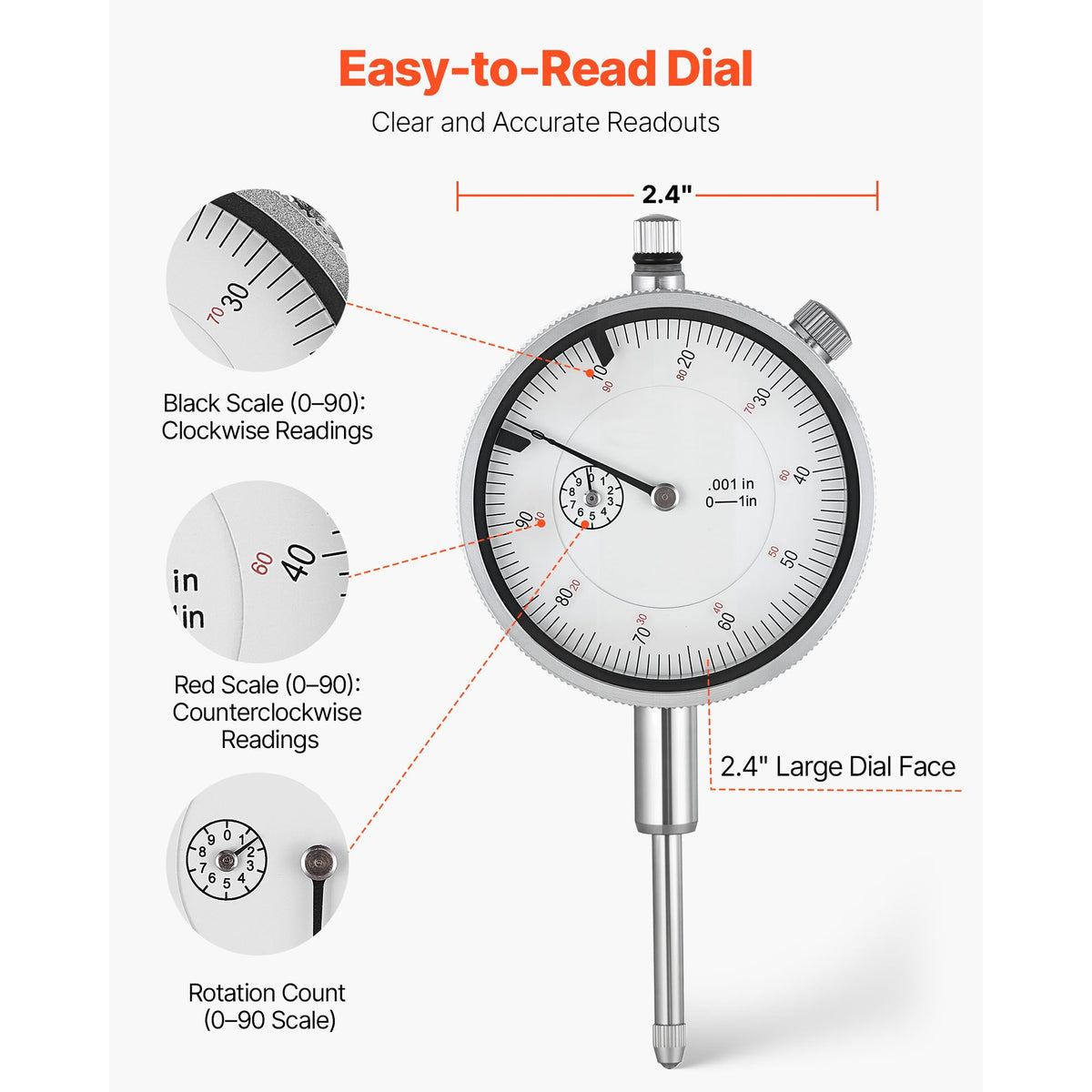 Dial Test Indicator with Metal Base, 0.03 mm Accuracy, 0-25.4mm Range, Easy to Read Large Dial, Professional for Narrow Area Measurement, Industrial Machining & Inspection, Precision Testing