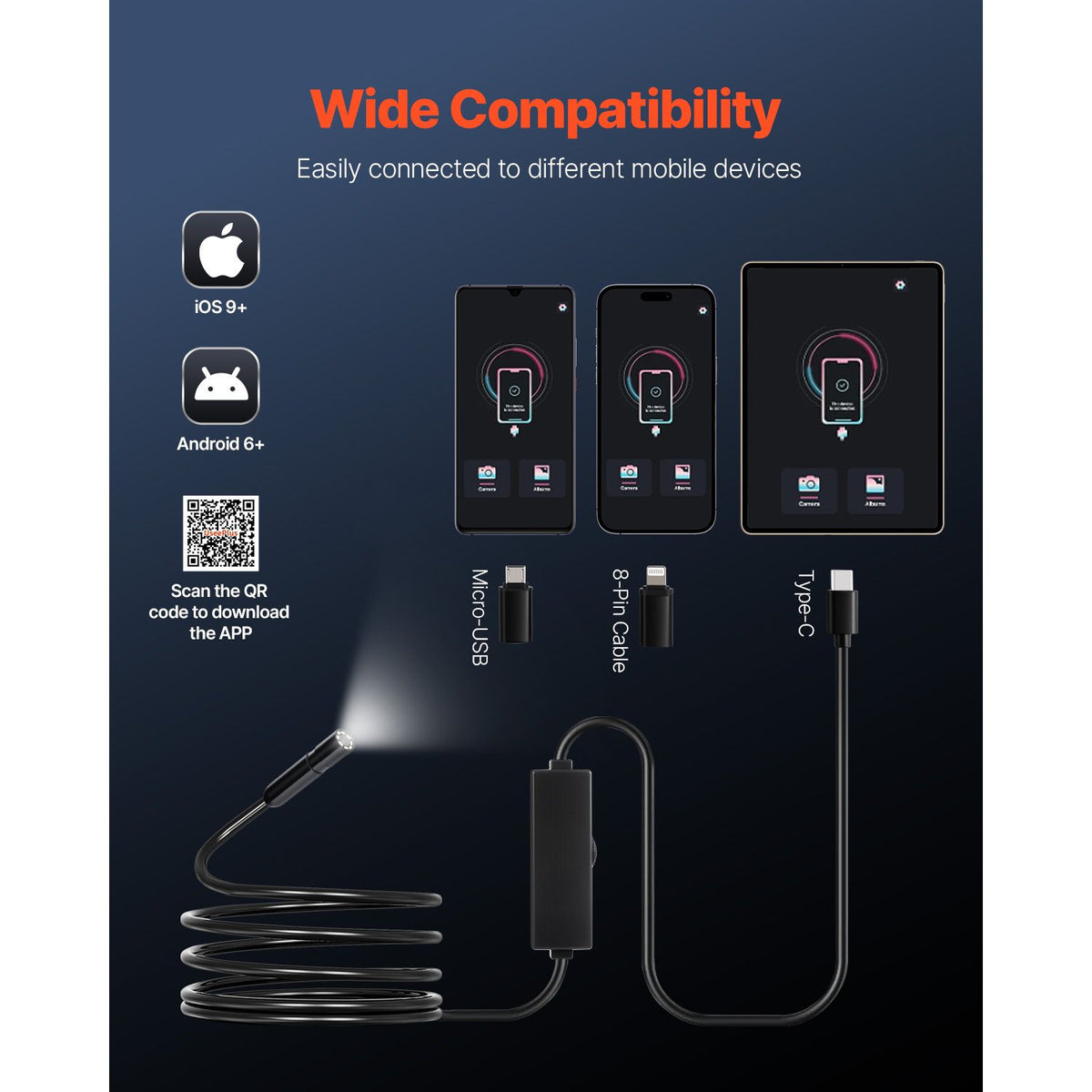 Endoscope Camera with Light, 1920P HD Borescope for Android & IOS, 8 LED Lights Inspection Camera with 3m Semi-Rigid Cable, 2X Zoom, IP67 Waterproof Snake Scope Cameras for Auto, Plumbing