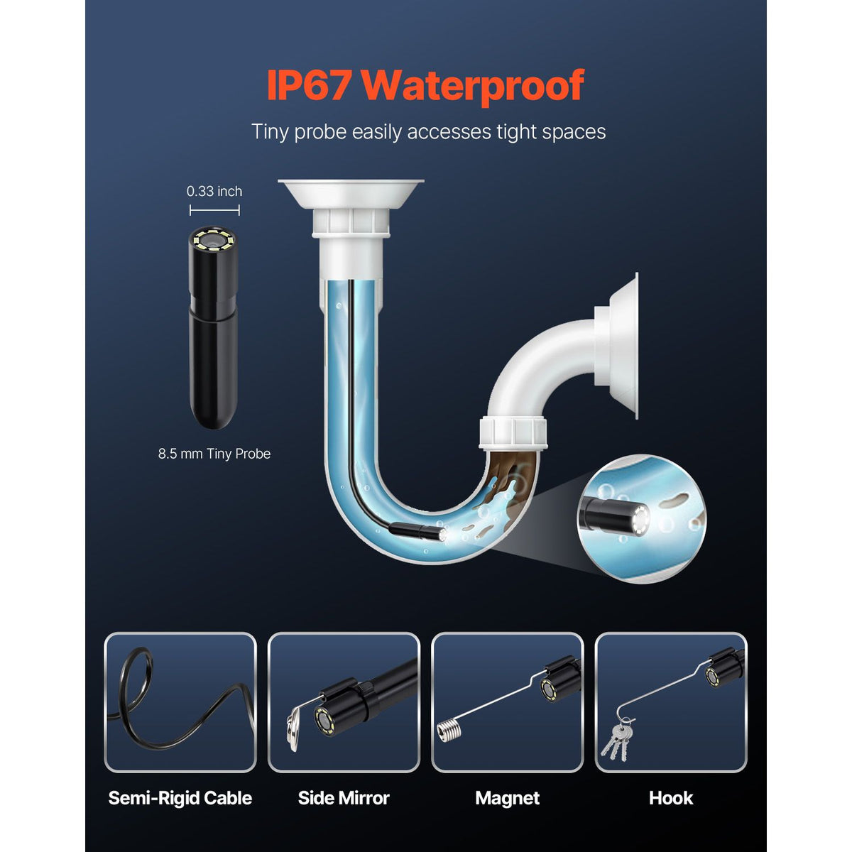 Endoscope Camera with Light, 1920P HD Borescope for Android & IOS, 8 LED Lights Inspection Camera with 3m Semi-Rigid Cable, 2X Zoom, IP67 Waterproof Snake Scope Cameras for Auto, Plumbing