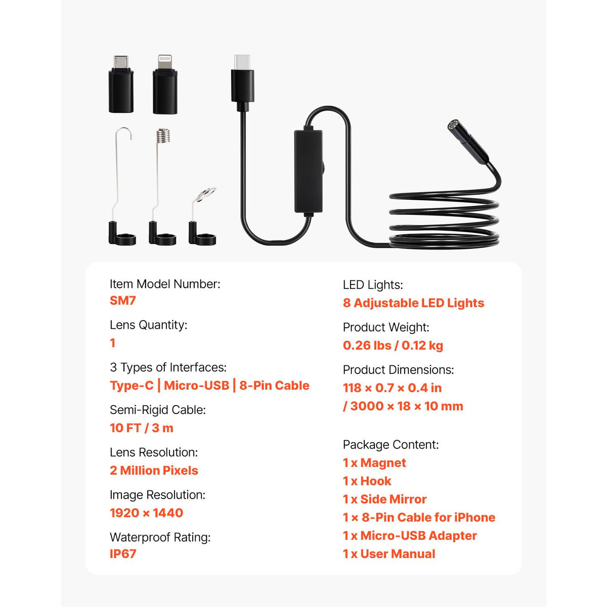 Endoscope Camera with Light, 1920P HD Borescope for Android & IOS, 8 LED Lights Inspection Camera with 3m Semi-Rigid Cable, 2X Zoom, IP67 Waterproof Snake Scope Cameras for Auto, Plumbing