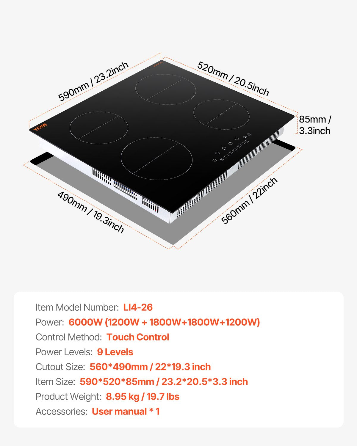 6000W 4 Burner Induction Cooktop Electric Countertop Burner Touch Control