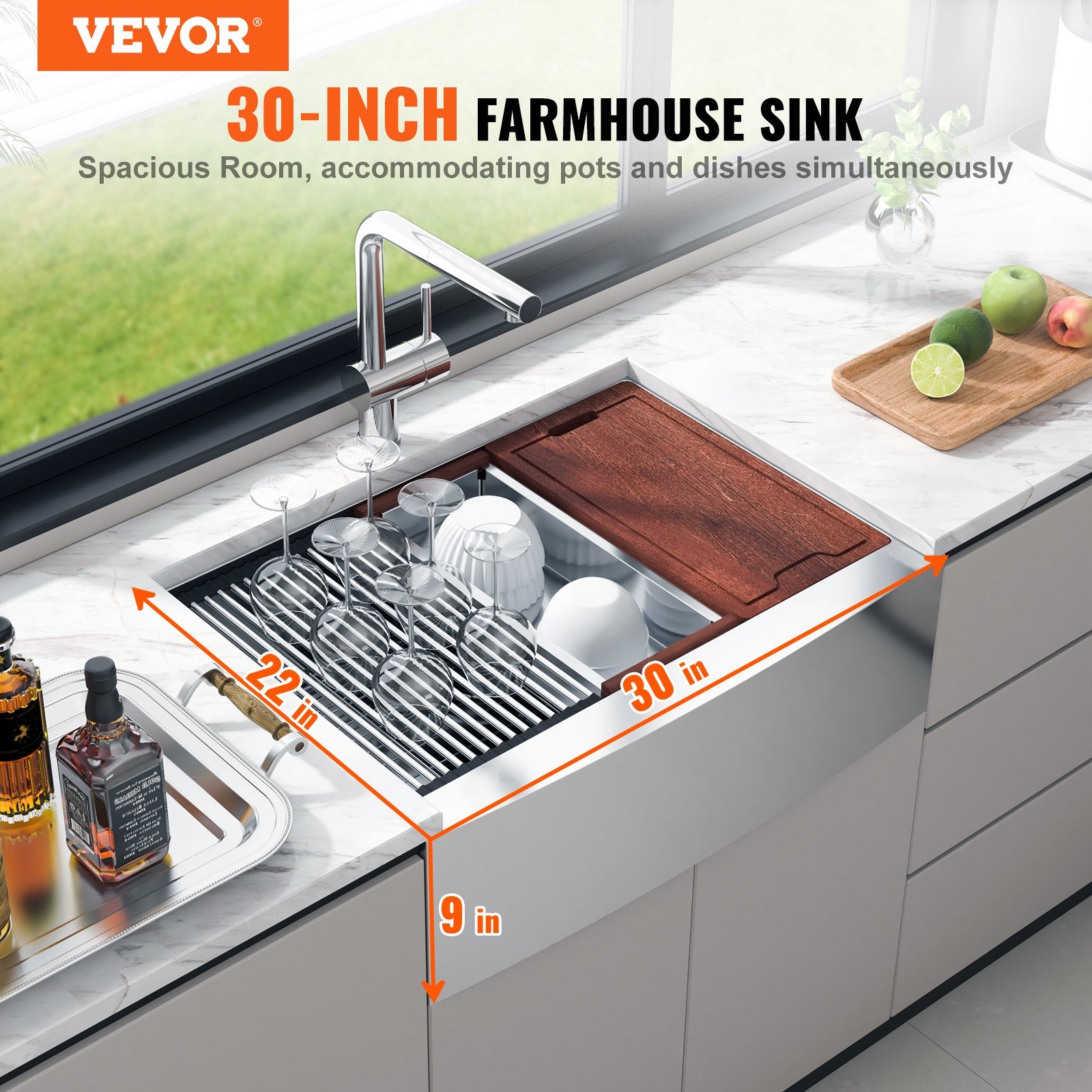 Kitchen & Bathroom DIY: VEVOR Farmhouse Kitchen Sink, 304 Stainless Steel Drop-In Sinks, Top Mount Single Bowl Basin with Ledge & Accessories, Household Dishwasher Sinks for Workstation, Prep Kitchen, and Bar Sink, 30 inch