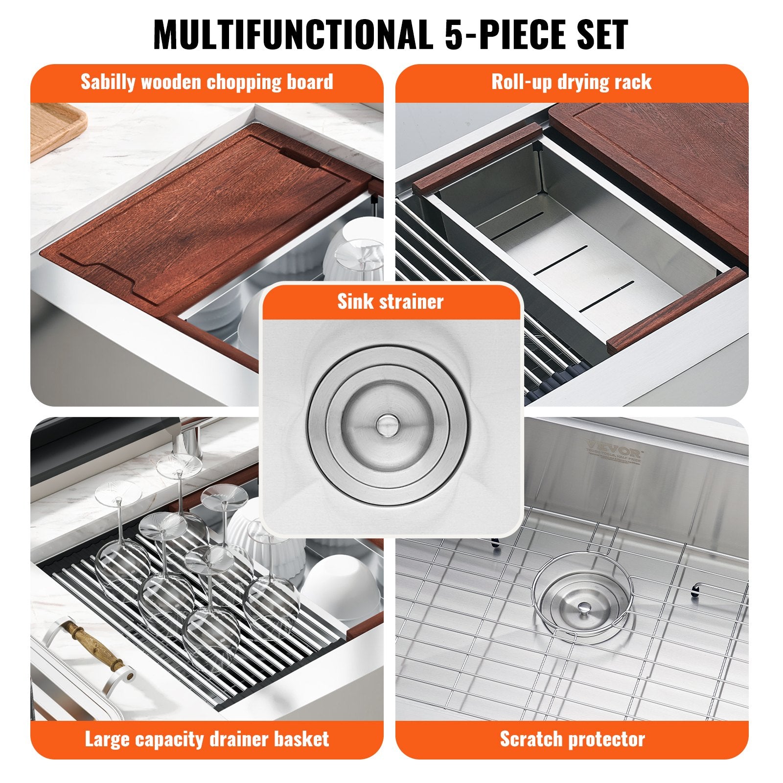 Kitchen & Bathroom DIY: VEVOR Farmhouse Kitchen Sink, 304 Stainless Steel Drop-In Sinks, Top Mount Single Bowl Basin with Ledge & Accessories, Household Dishwasher Sinks for Workstation, Prep Kitchen, and Bar Sink, 30 inch