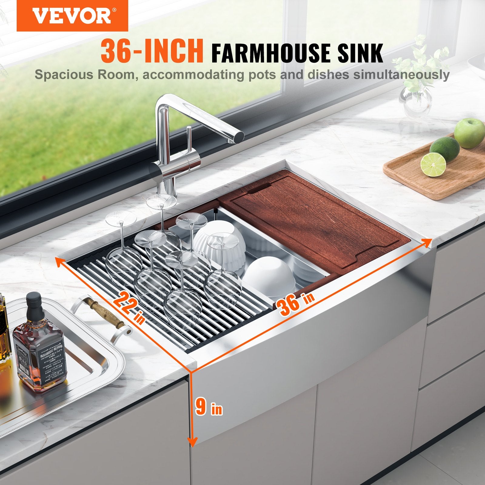 Kitchen & Bathroom DIY: VEVOR Farmhouse Kitchen Sink, 304 Stainless Steel Drop-In Sinks, Top Mount Single Bowl Basin with Ledge & Accessories, Household Dishwasher Sinks for Workstation, Prep Kitchen, and Bar Sink, 36 inch