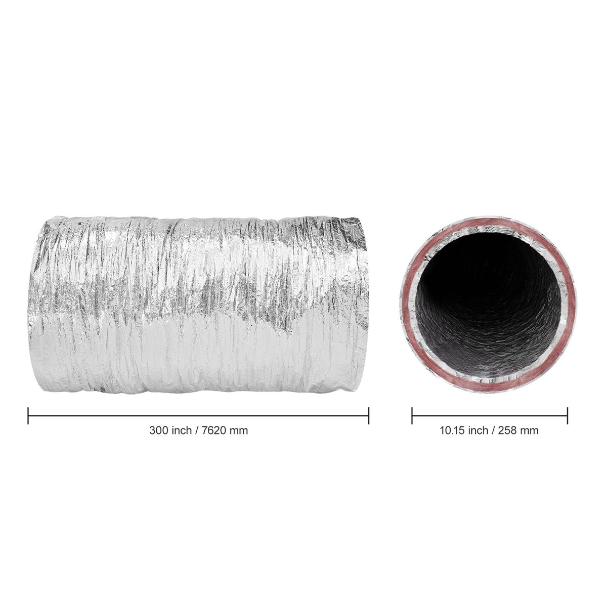Dryer Vent Hose, 254MM Insulated Flexible Duct 7.62M Long with 2 Duct Clamps, Heavy-Duty Three Layer Protection for HVAC Heating Cooling Ventilation and Exhaust, R-6.0 Flame Resistance Value