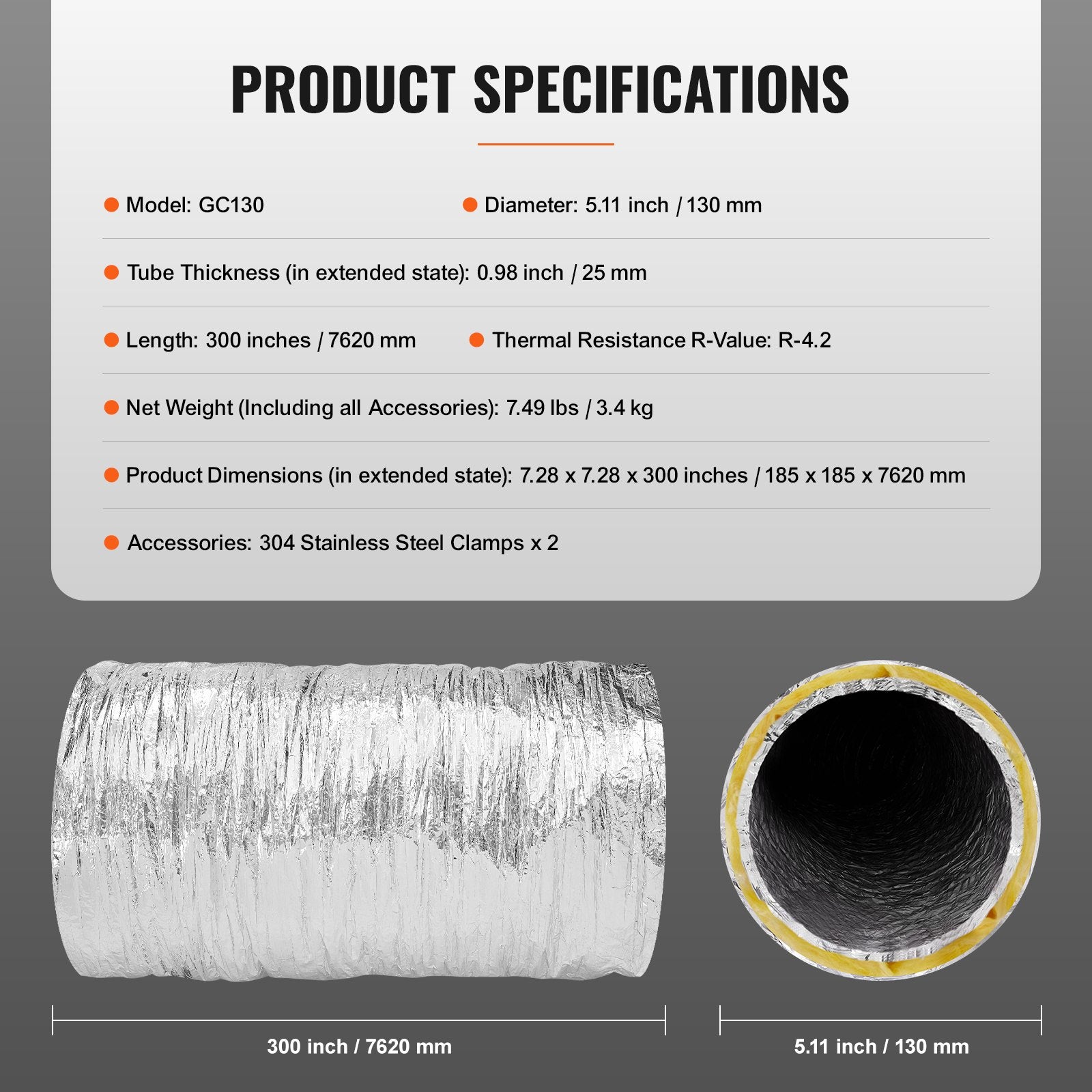 Dryer Vent Hose, 127MM Insulated Flexible Duct 7.62M Long with 2 Duct Clamps, Heavy-Duty Three Layer Protection for HVAC Heating Cooling Ventilation and Exhaust, R-4.2 Flame Resistance Value