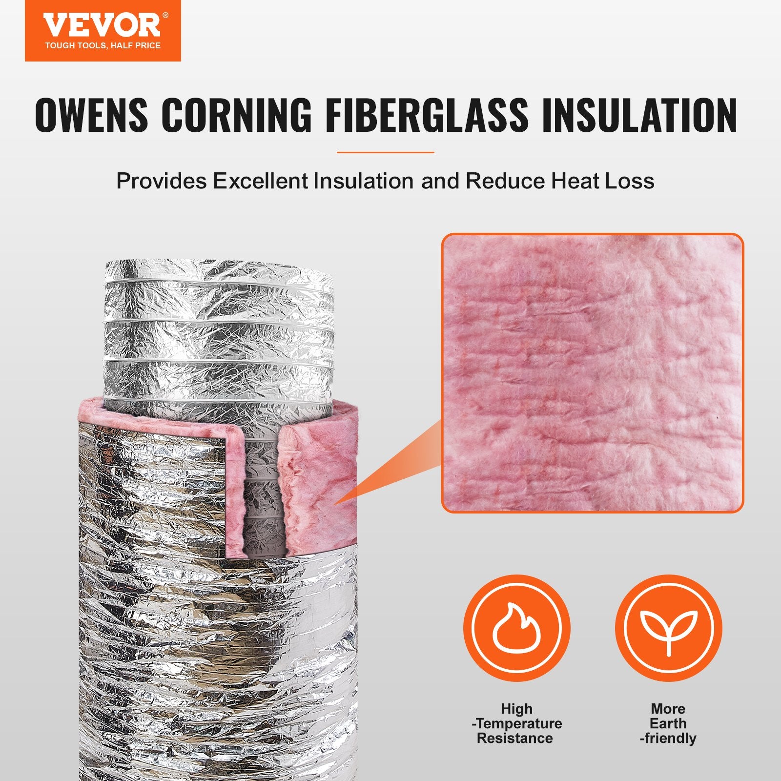 Air Compressors Accessories: VEVOR Dryer Vent Hose, 152.4MM Insulated Flexible Duct 7.62M Long with 2 Duct Clamps, Heavy-Duty Three Layer Protection for HVAC Heating Cooling Ventilation and Exhaust, R-6.0 Flame Resistance Value