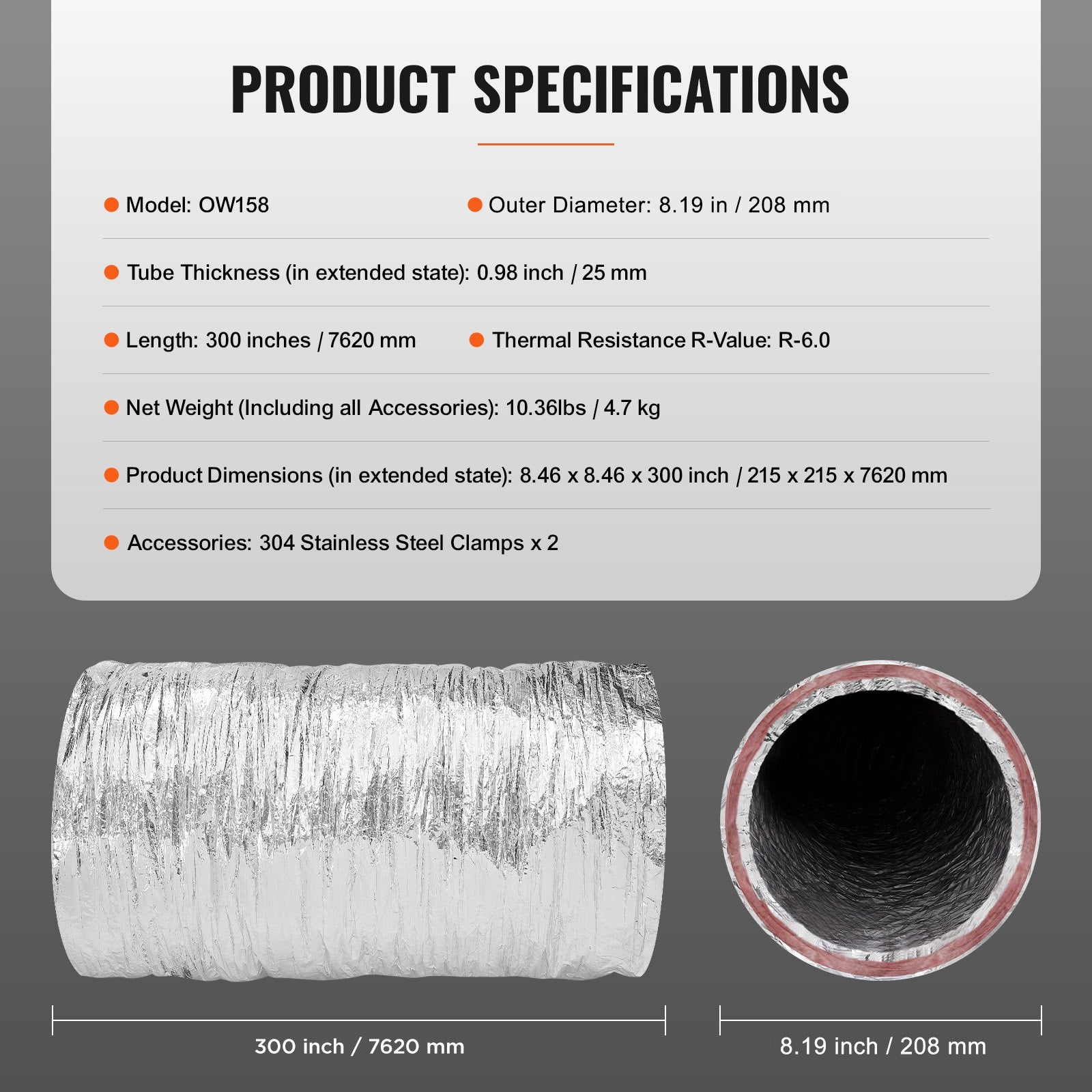 Air Compressors Accessories: VEVOR Dryer Vent Hose, 152.4MM Insulated Flexible Duct 7.62M Long with 2 Duct Clamps, Heavy-Duty Three Layer Protection for HVAC Heating Cooling Ventilation and Exhaust, R-6.0 Flame Resistance Value