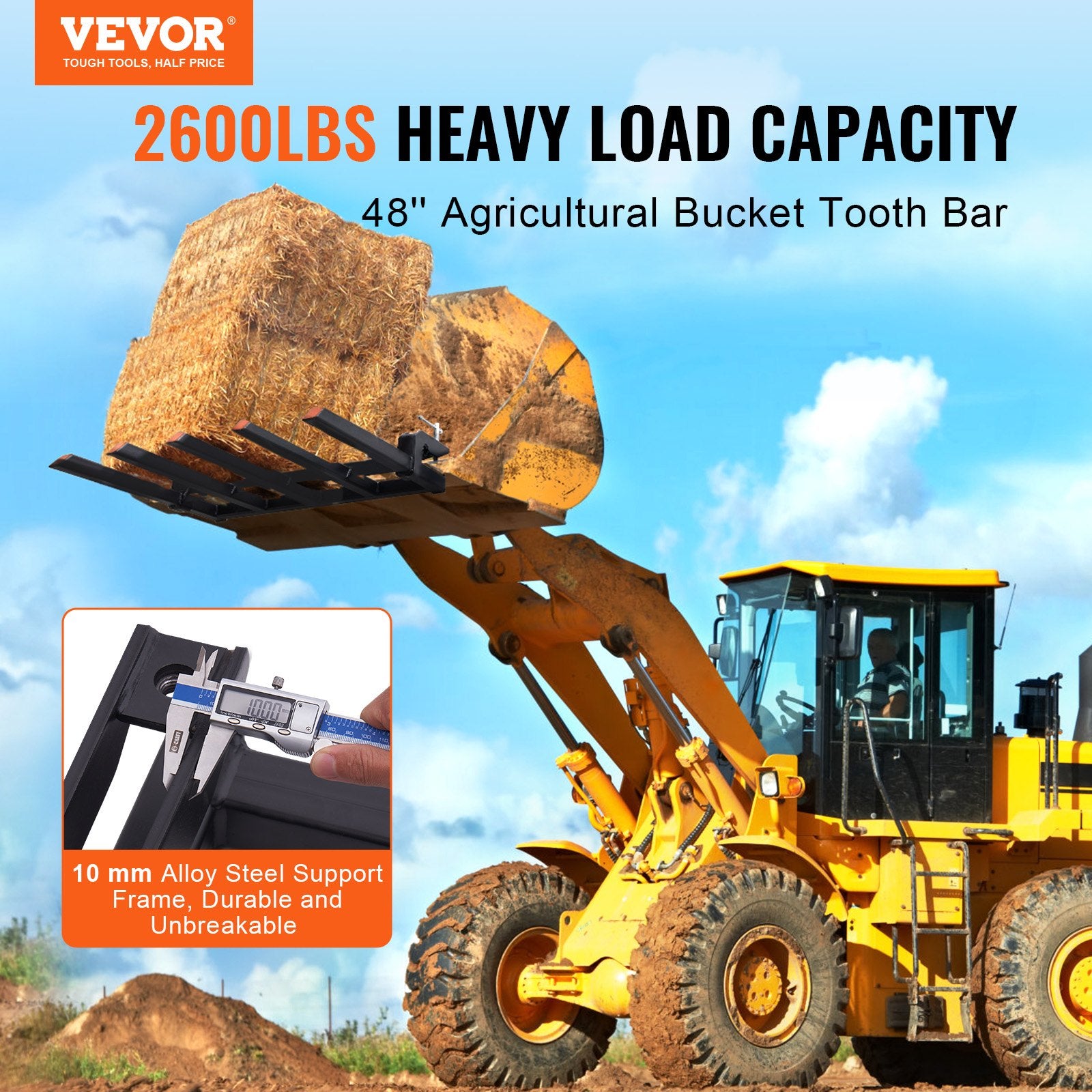 Clamp on Debris Forks to 1200 mm Bucket, 1200 kg Capacity Heavy Duty Clamp on Pallet Forks Attachments, Fit for Loader Bucket Skidsteer Tractor to Clean up Fallen Limbs Debris or Yard Wwaste