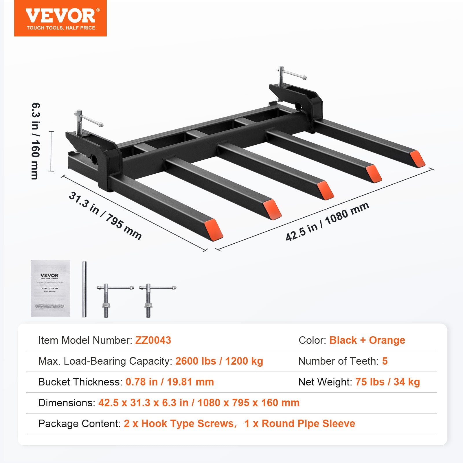 Clamp on Debris Forks to 1200 mm Bucket, 1200 kg Capacity Heavy Duty Clamp on Pallet Forks Attachments, Fit for Loader Bucket Skidsteer Tractor to Clean up Fallen Limbs Debris or Yard Wwaste