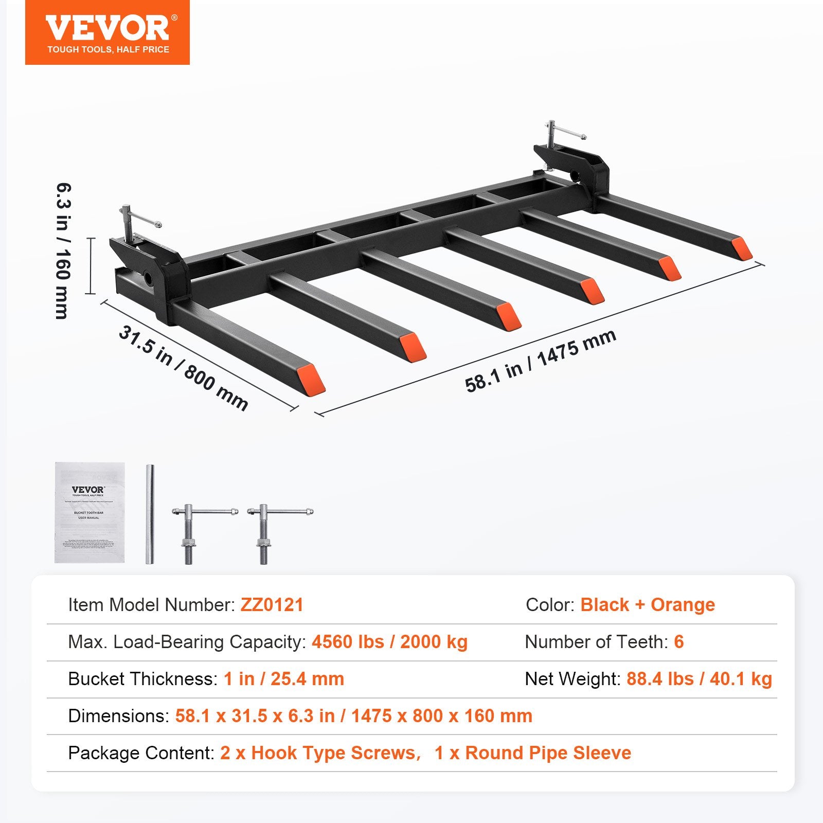 Automotive Parts: VEVOR Clamp on Debris Forks to 1500 mm Bucket, 2000 kg Capacity Heavy Duty Clamp on Pallet Forks Bucket, Fit for Loader Bucket Skidsteer Tractor to Clean up Fallen Limbs Debris or Yard Wwaste