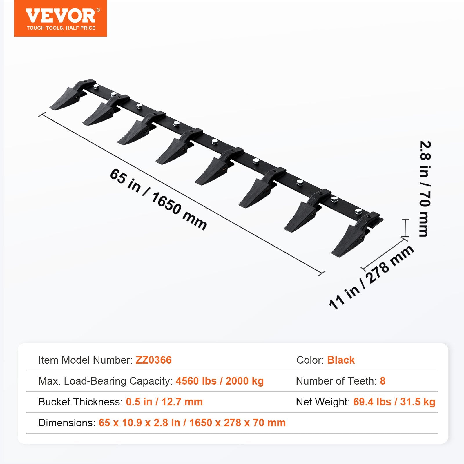 Automotive Parts: VEVOR Bucket Tooth Bar, 1650mm, Heavy Duty Tractor Bucket 8 Teeth Bar for Loader Tractor Skidsteer, 2000 kg Load-Bearing Capacity Bolt On Design, for Efficient Soil Excavation and Bucket Protection