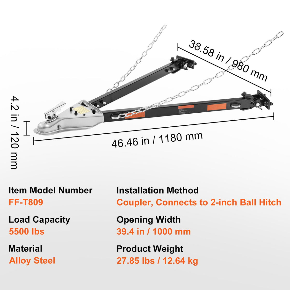 Tow Bar, 2495 kg Towing Capacity with Chains, Powder-Coating Alloy Steel Bumper-Mounted Universal Towing Bar, Coupler Fits 5cm Ball Hitch, 100 cm Opening Width, for RV Car Trailer Truck