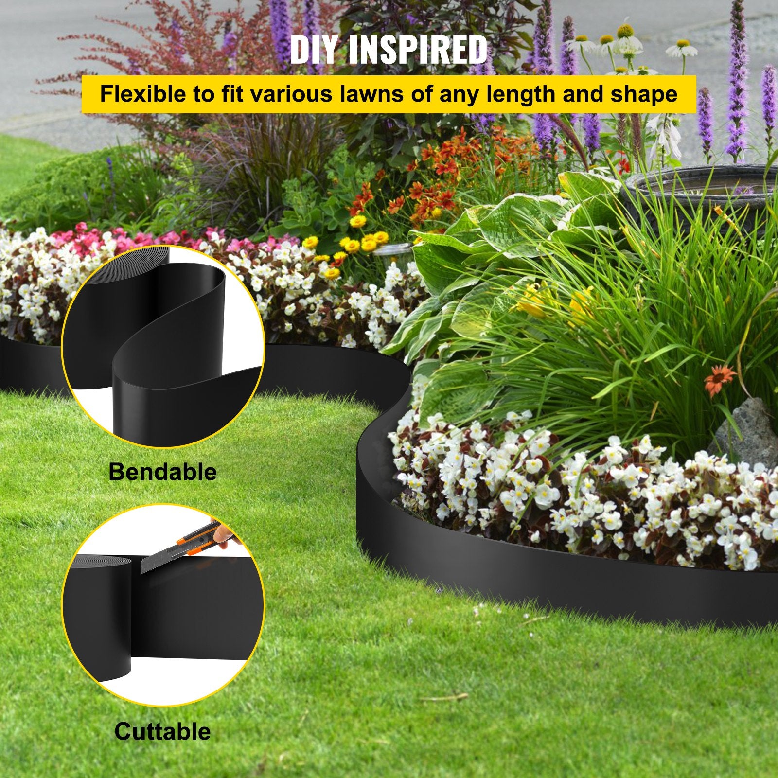Canopies & Gazebos: VEVOR Landscape Edging, 25.4cm Depth 91.44m Total Length, Recycled HDPE Coiled Terrace Board, Flexible Bender Border for Landscaping, Lawn, Garden, Yard, Against Invading Weeds, Black