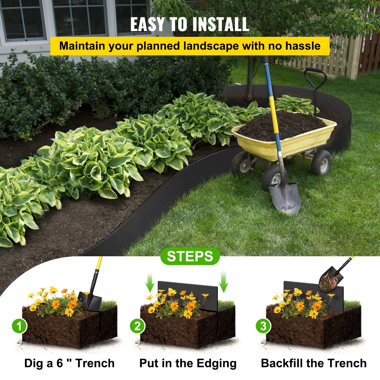 Canopies & Gazebos: VEVOR Landscape Edging, 25.4cm Depth 91.44m Total Length, Recycled HDPE Coiled Terrace Board, Flexible Bender Border for Landscaping, Lawn, Garden, Yard, Against Invading Weeds, Black